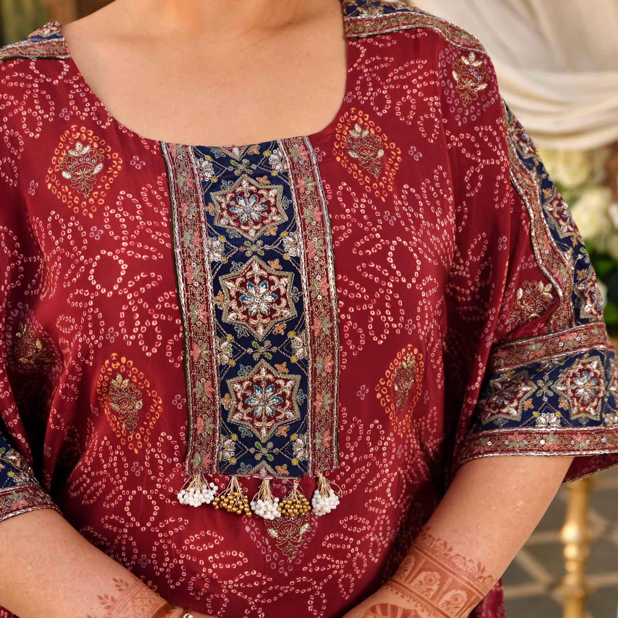 Mehrangarh- Deep Maroon Fusion Bandhani Pure Crepe Co-Ord Set - Image 10