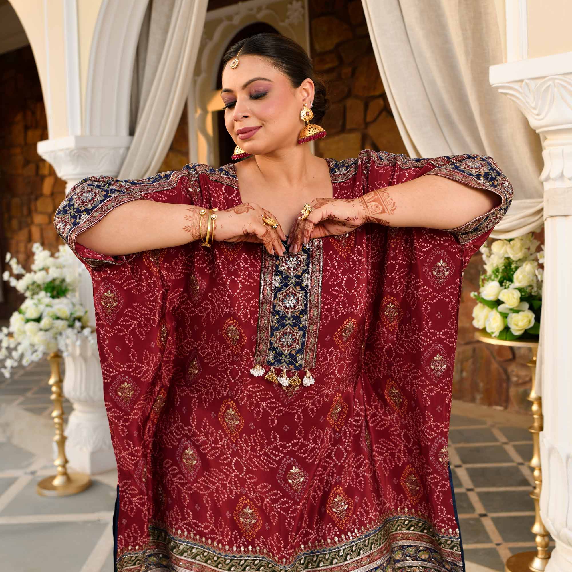 Mehrangarh- Deep Maroon Fusion Bandhani Pure Crepe Co-Ord Set - Image 5