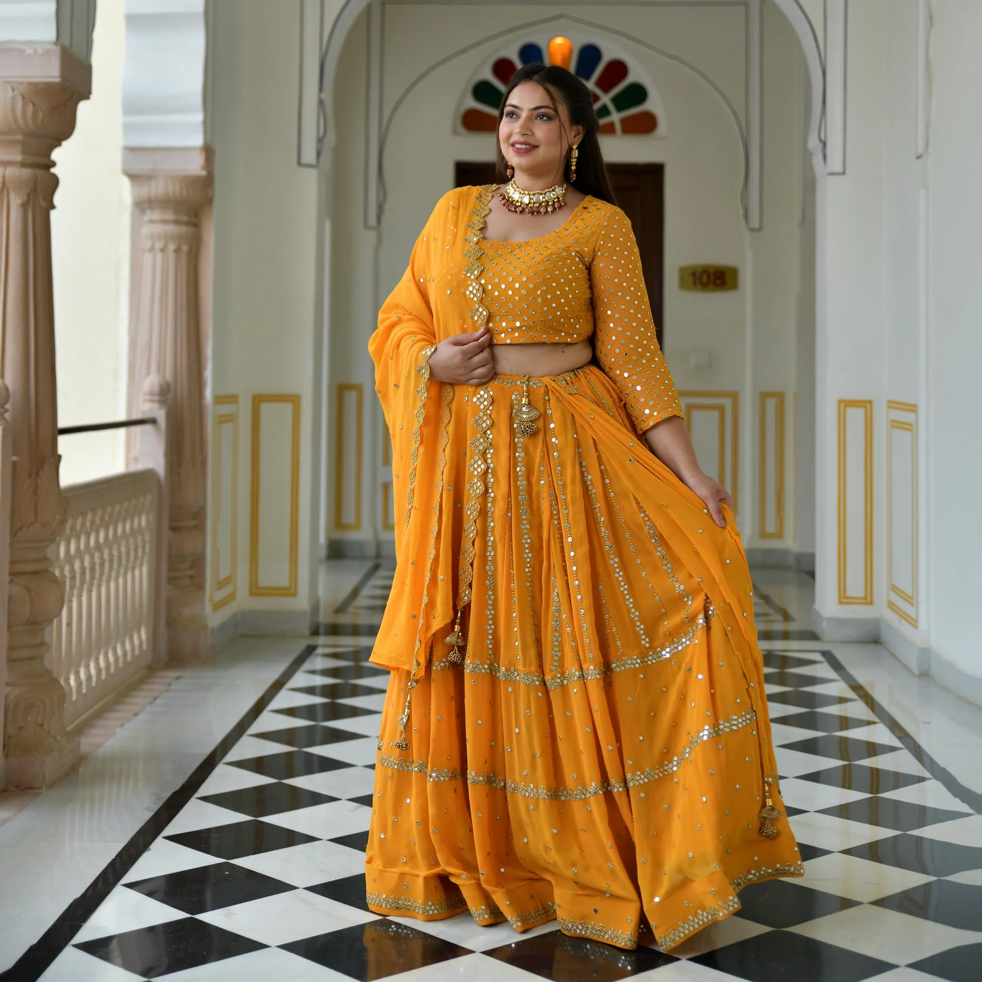 Meteor Yellow Mirror Work Lehenga Set - Image 11