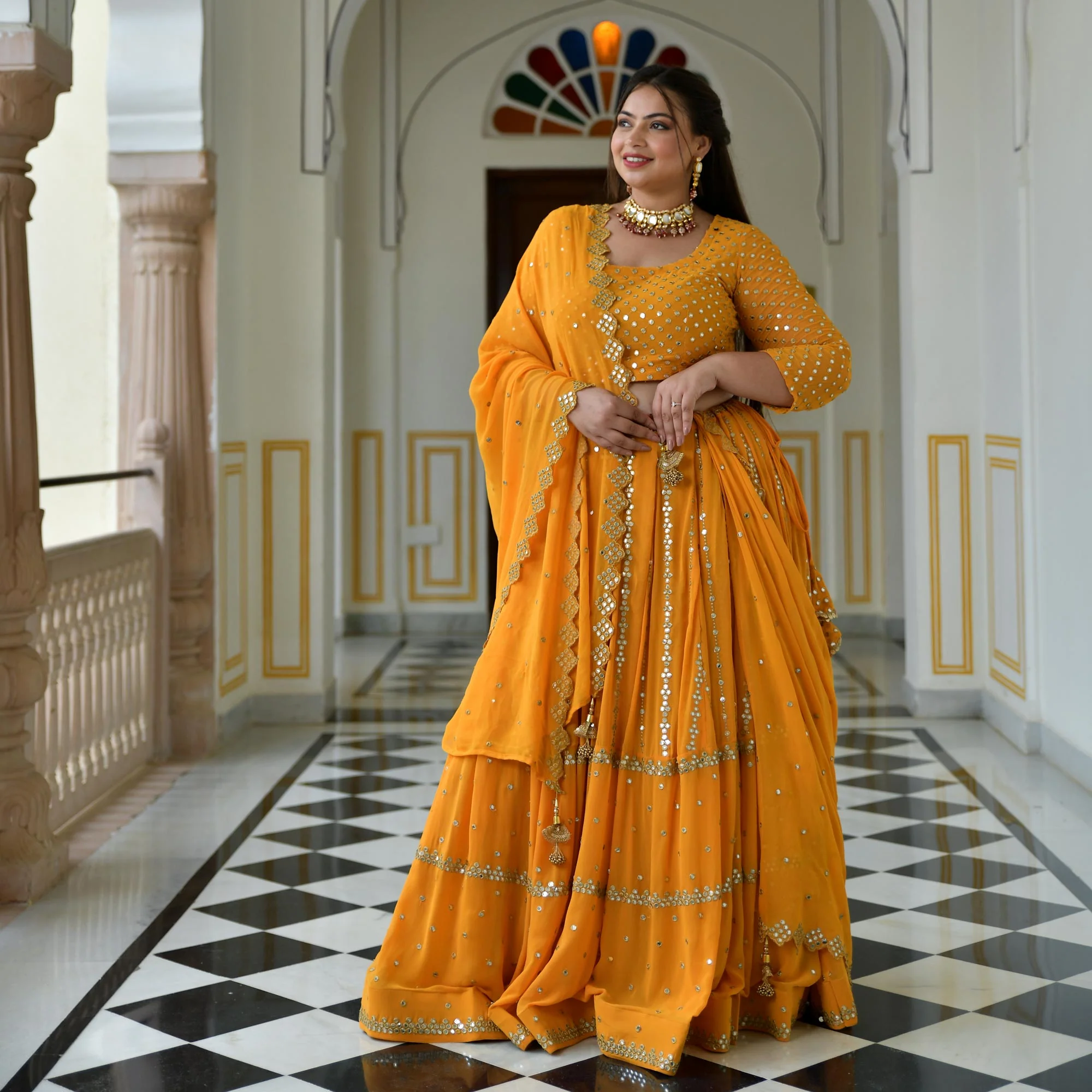 Meteor Yellow Mirror Work Lehenga Set - Image 12