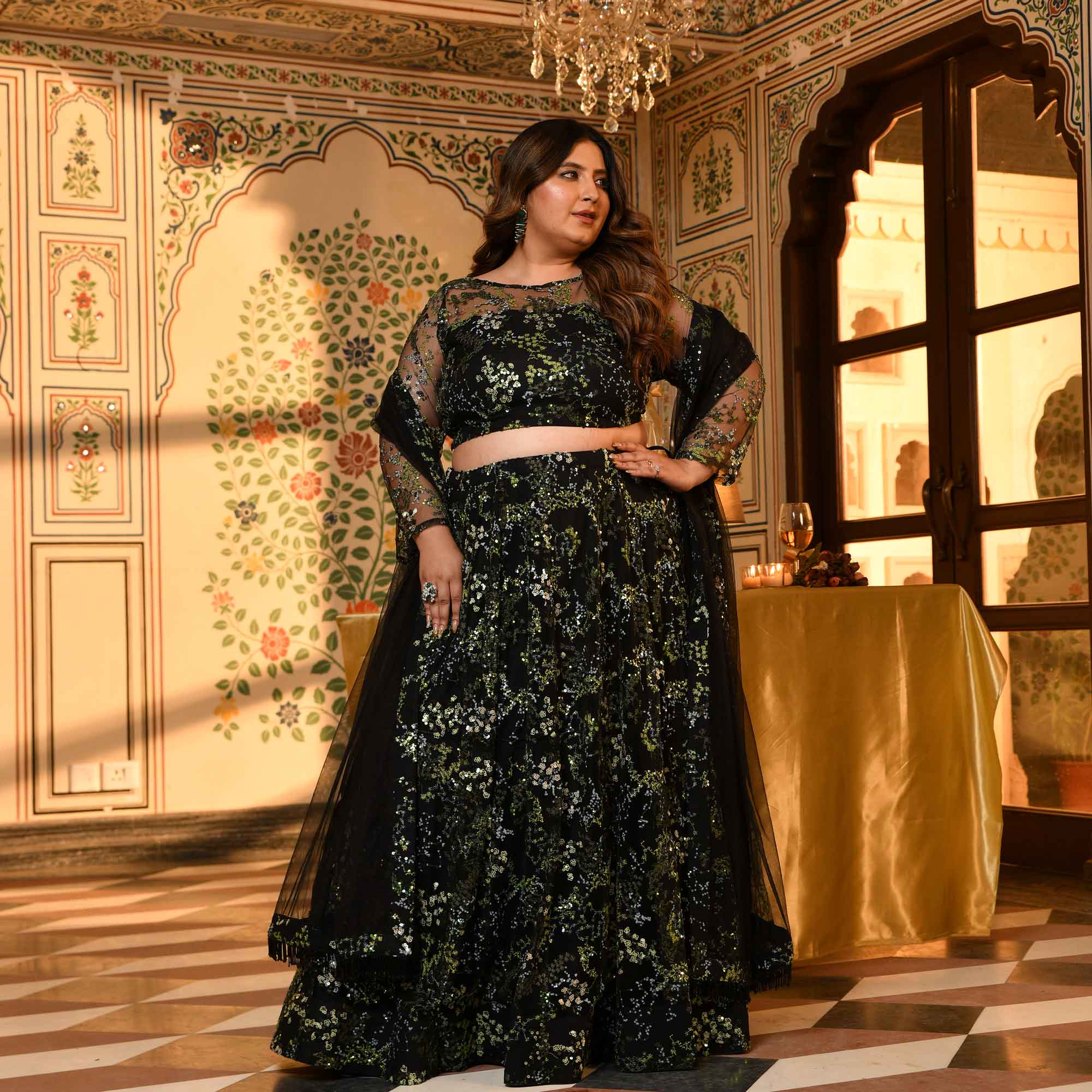Midori - Black & Green Sequin Embellished Net Lehenga Set - Image 9