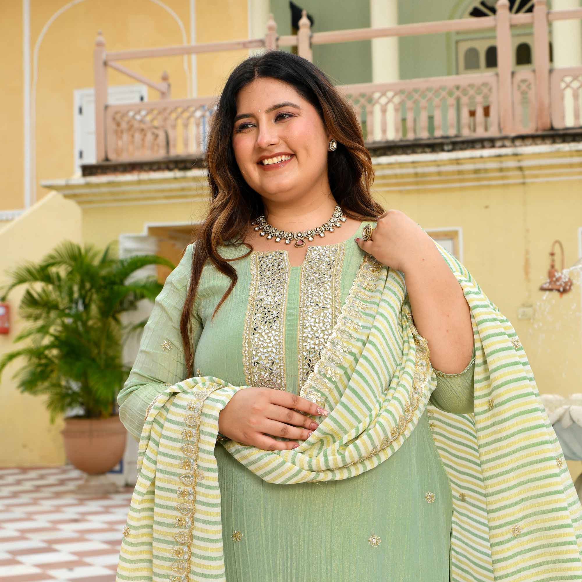 Mrinal - Mint Green Pure Viscose Tissue Crush Cutdana Embroidered Suit Set - Image 2