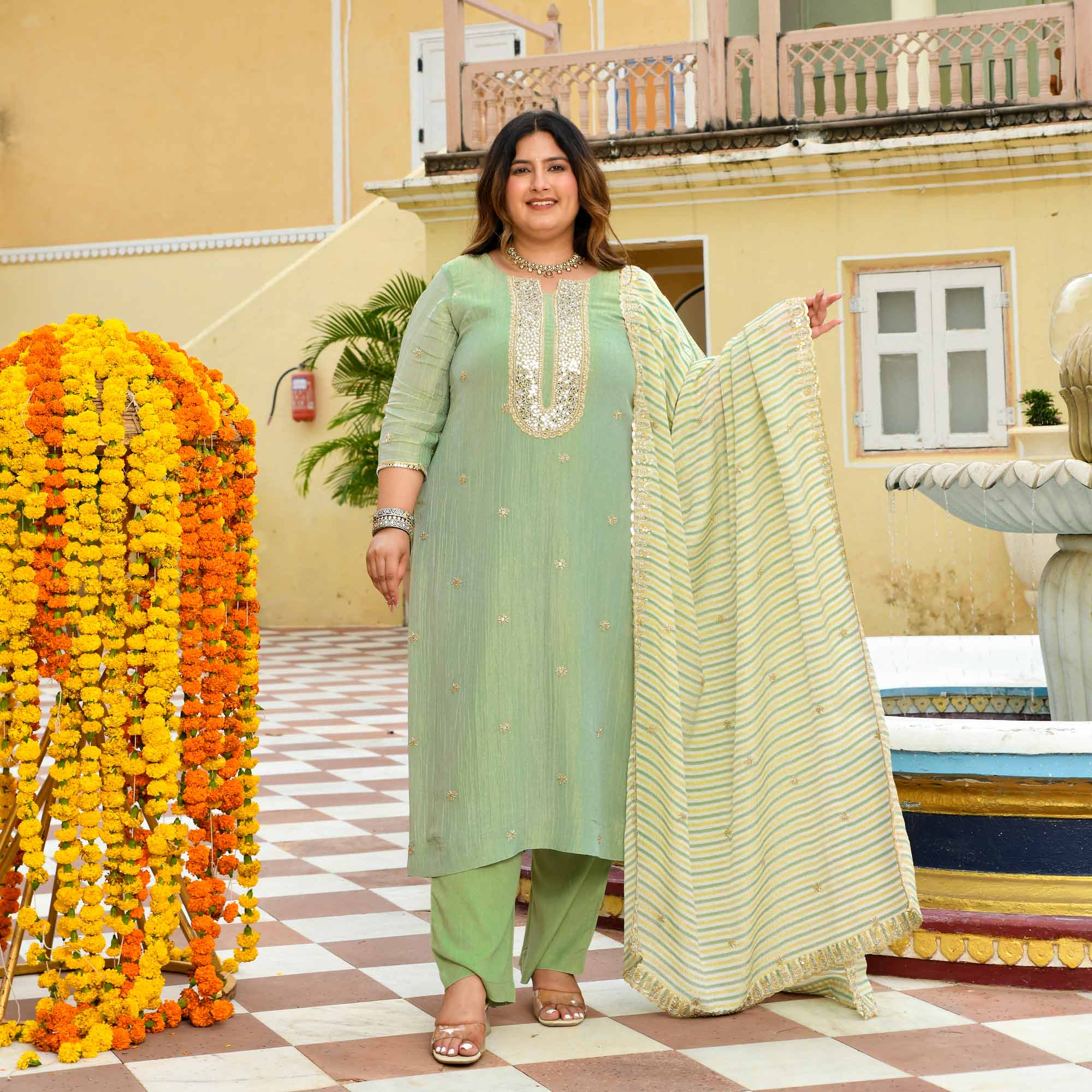 Mrinal - Mint Green Pure Viscose Tissue Crush Cutdana Embroidered Suit Set - Image 3