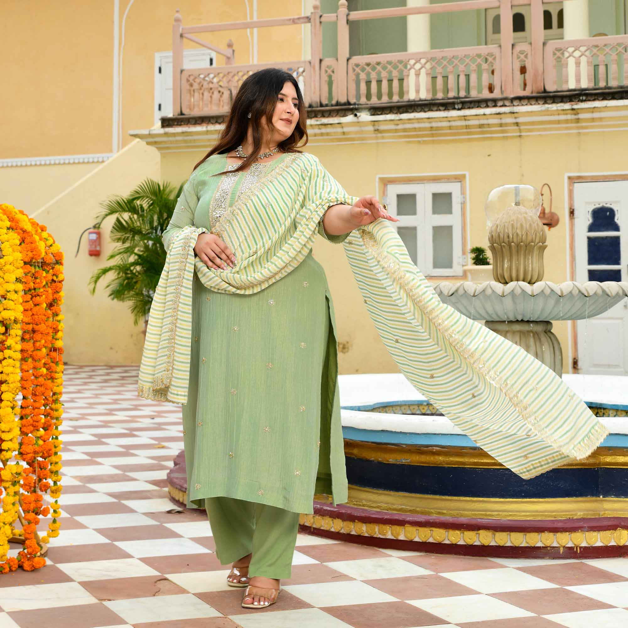 Mrinal - Mint Green Pure Viscose Tissue Crush Cutdana Embroidered Suit Set - Image 4