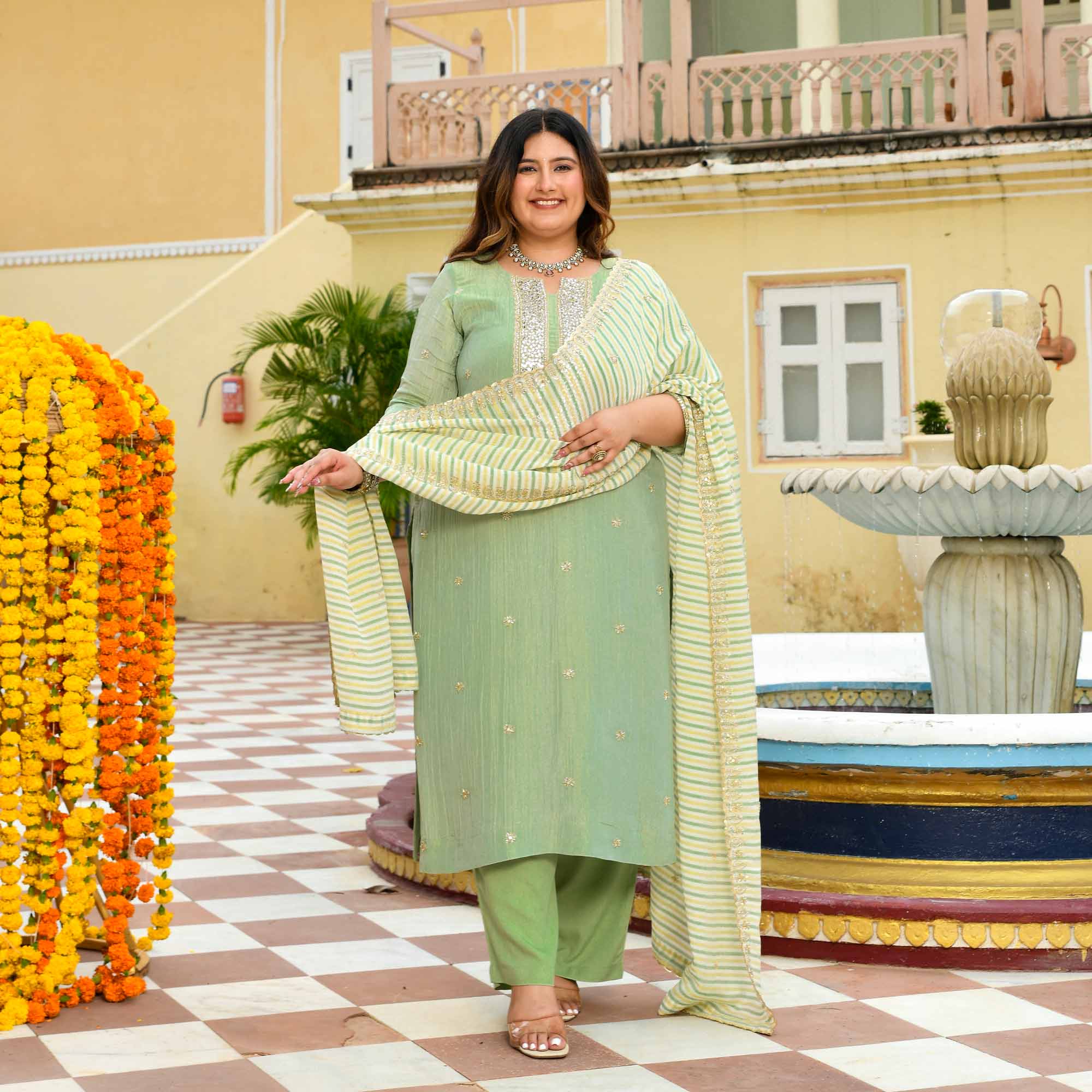 Mrinal - Mint Green Pure Viscose Tissue Crush Cutdana Embroidered Suit Set - Image 6