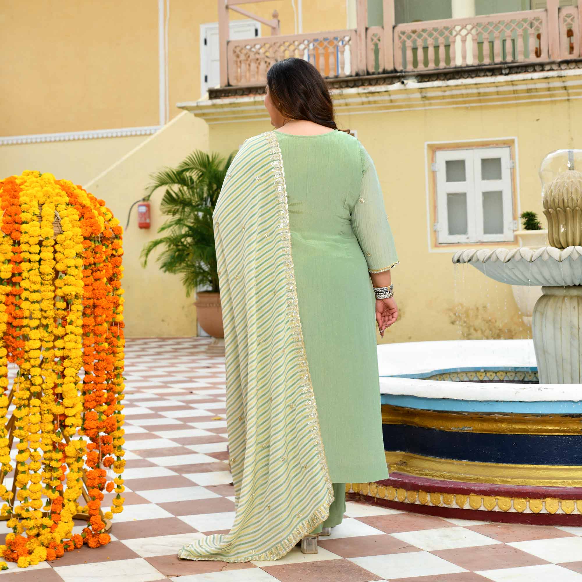 Mrinal - Mint Green Pure Viscose Tissue Crush Cutdana Embroidered Suit Set - Image 7