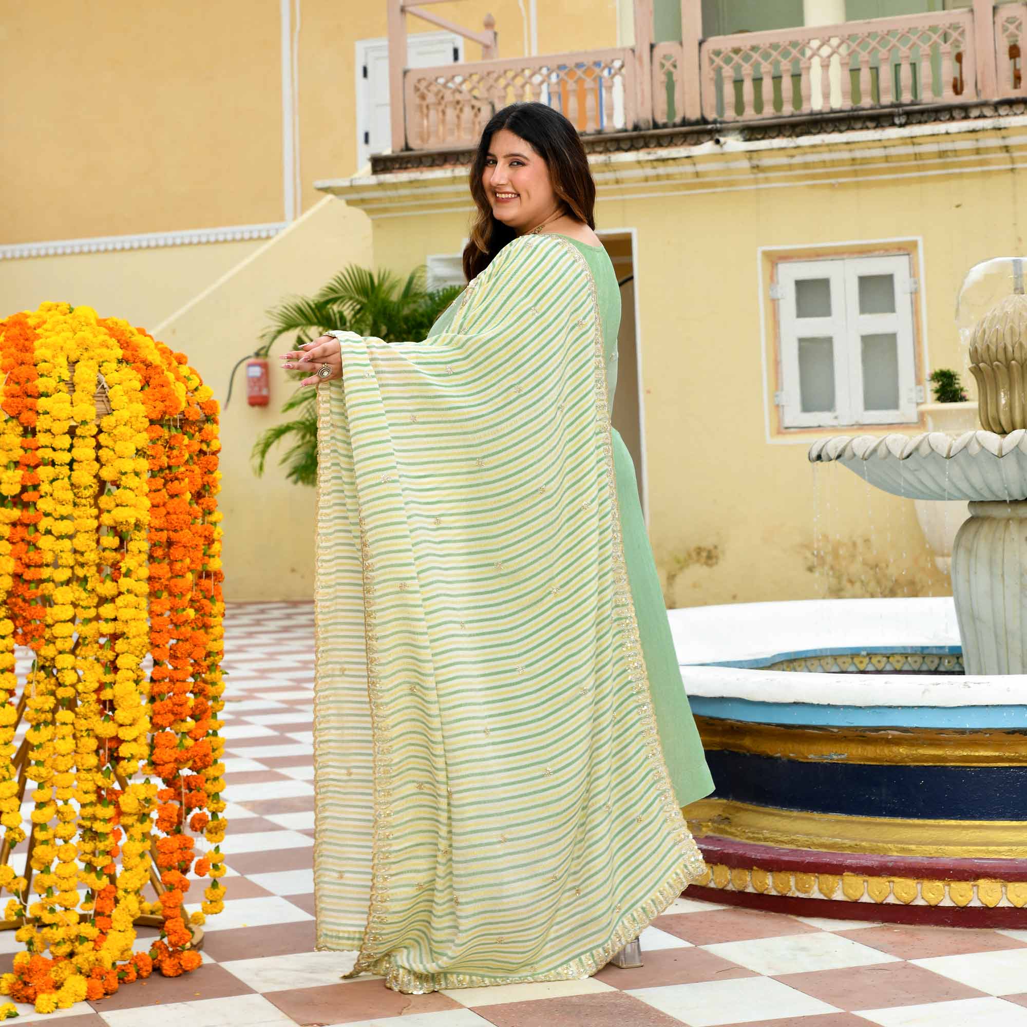 Mrinal - Mint Green Pure Viscose Tissue Crush Cutdana Embroidered Suit Set - Image 9