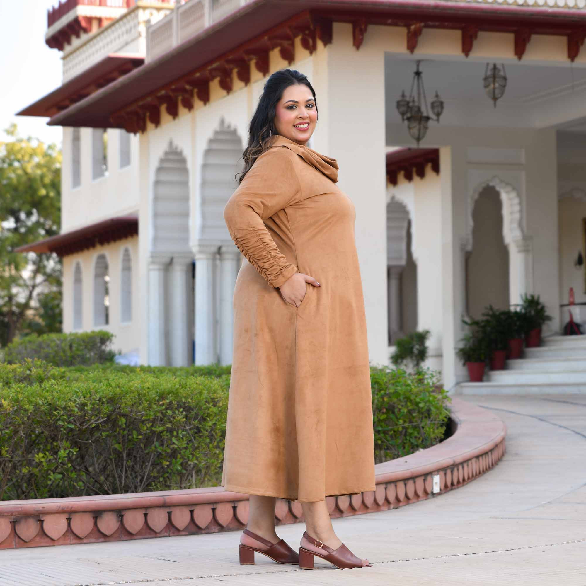 Mochaccino- Woollen Beige Suede Stretchable Leather Aline Cowl Dress - Image 10