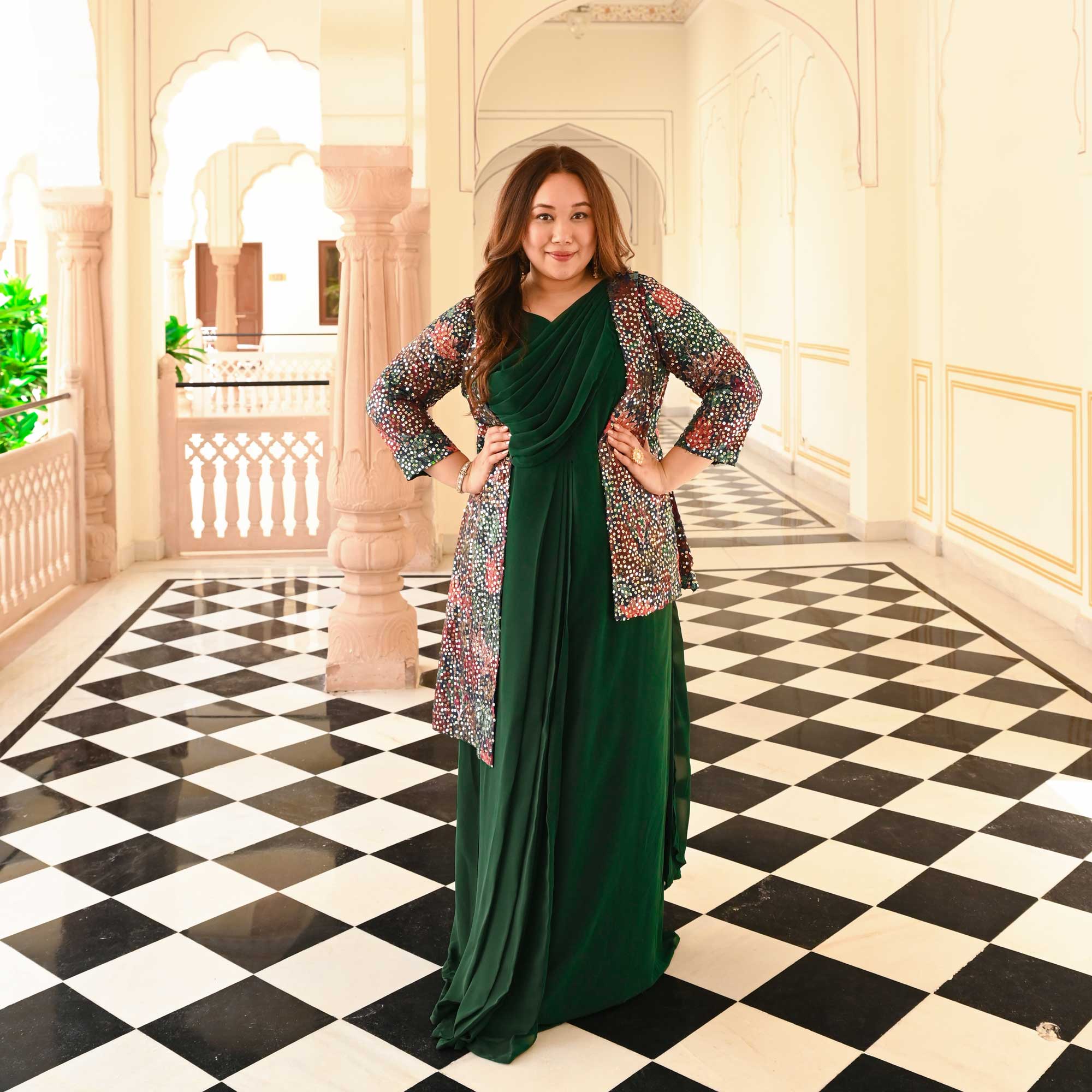 Modish Green Drape Saree Dress with Sequin Embroidered Blazer - Image 7