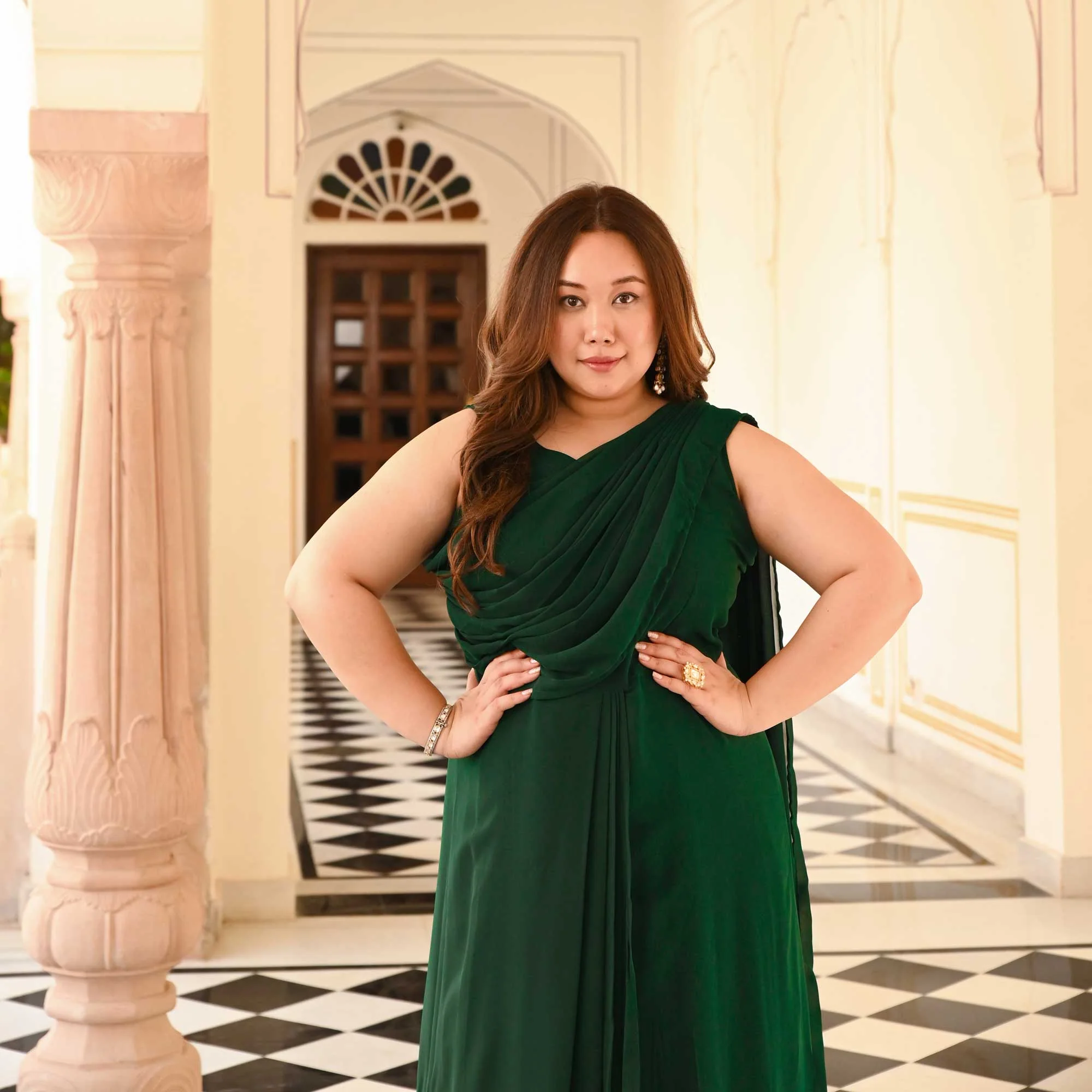 Modish Green Drape Saree Dress with Sequin Embroidered Blazer - Image 9