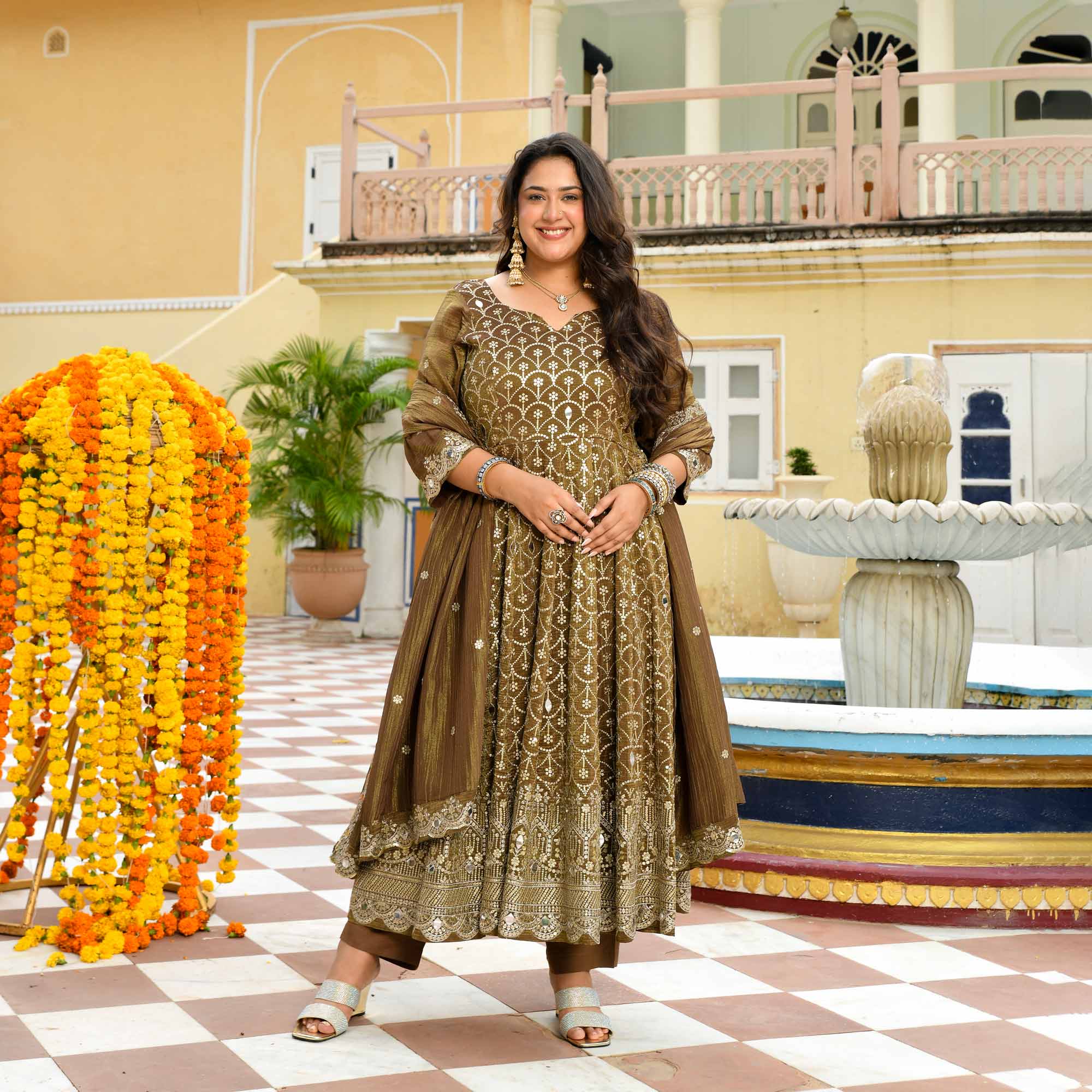 Mohabaatein- Antique Bronze Pure Tissue Crush Sequin Embroidered Anarkali Set - Image 5
