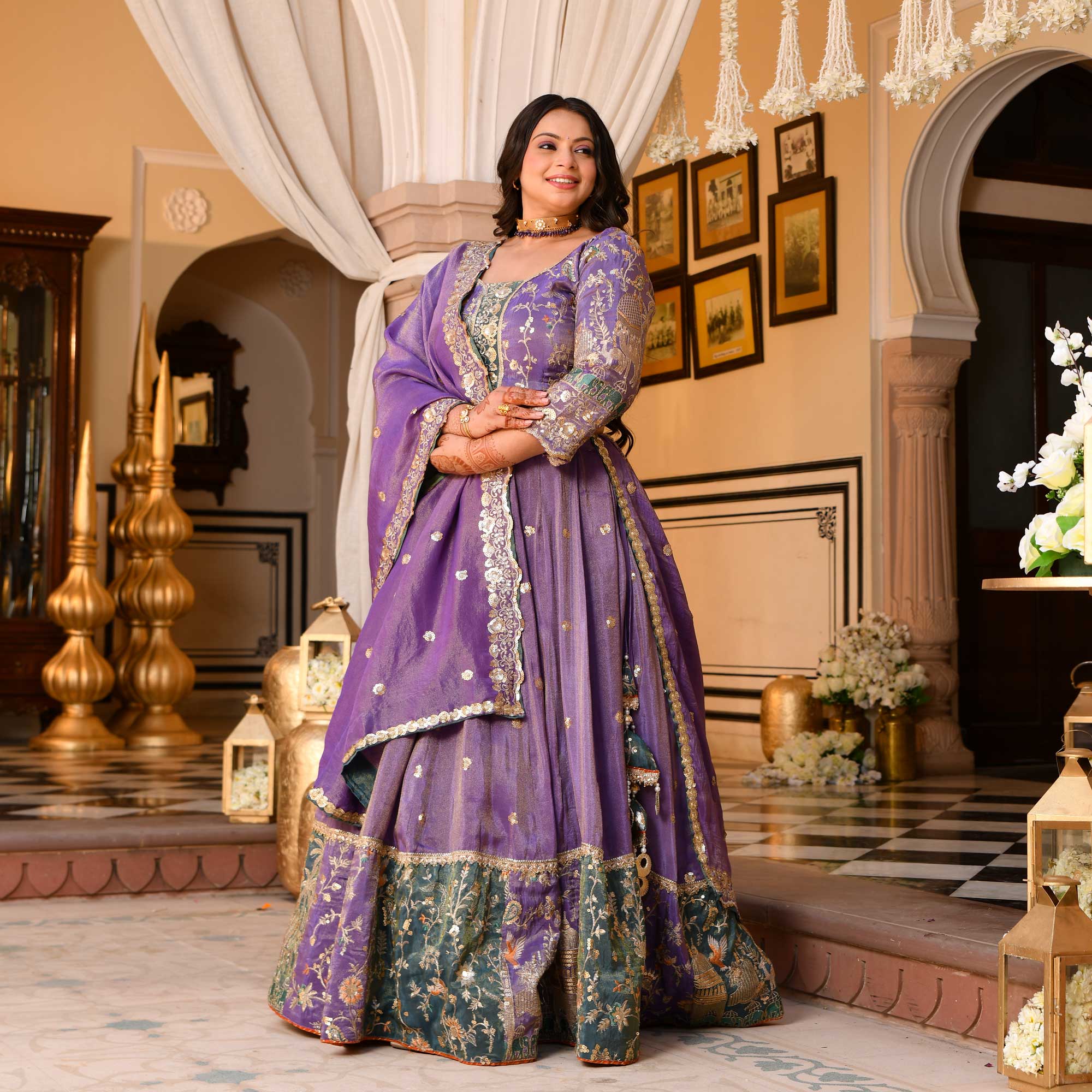 Mohini - Wisteria Purple Sequin & Thread Embroidered Pure Tissue Silk Lehenga Set - Image 4