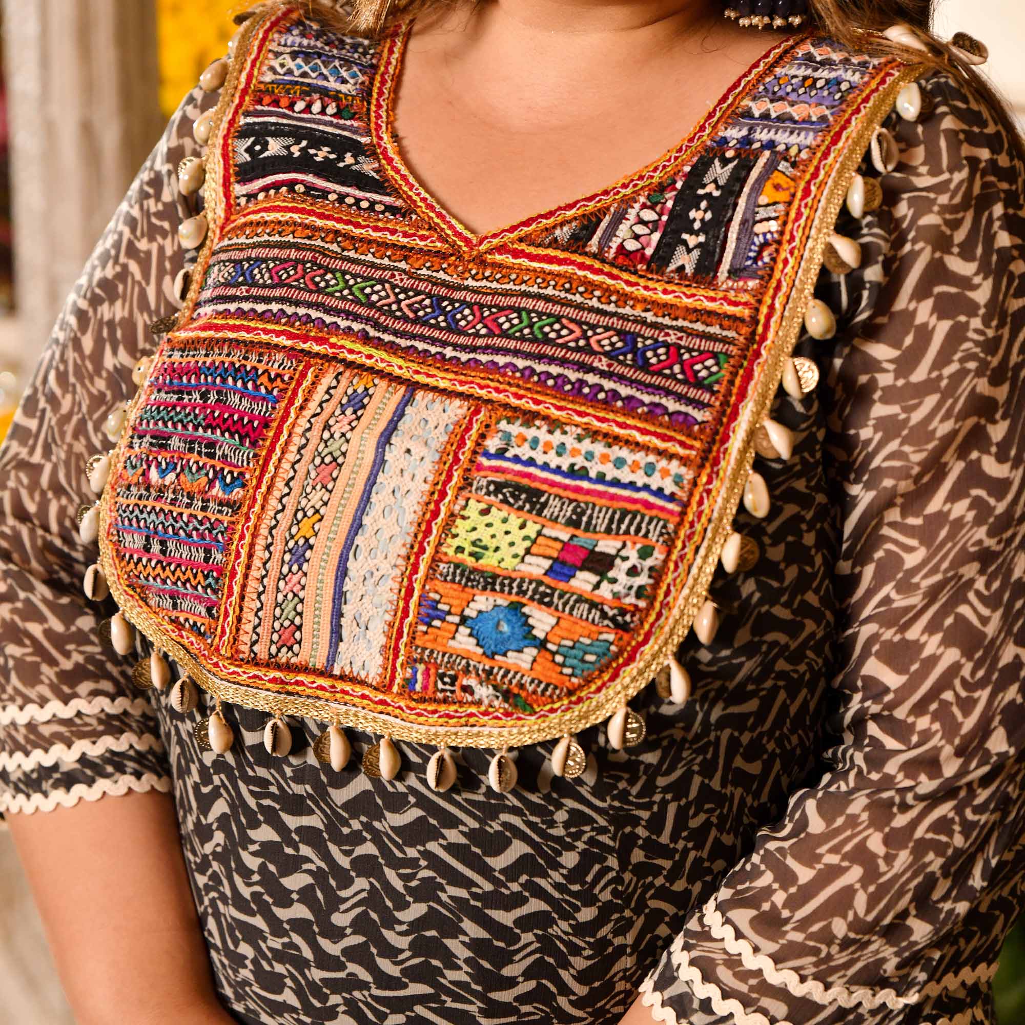 Mohtarma- Black Boho Chiffon Kutch Hand Embroidered Kurta - Image 5