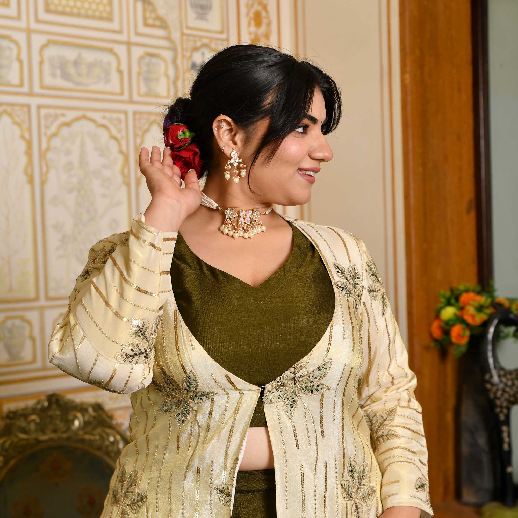 Moss Whimsy - Mehendi Green Lehenga Set with Embroidered Jacket - Image 2