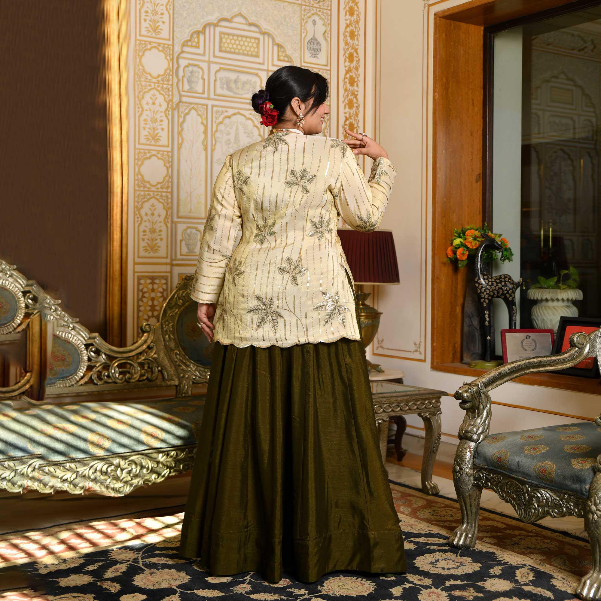 Moss Whimsy - Mehendi Green Lehenga Set with Embroidered Jacket - Image 3