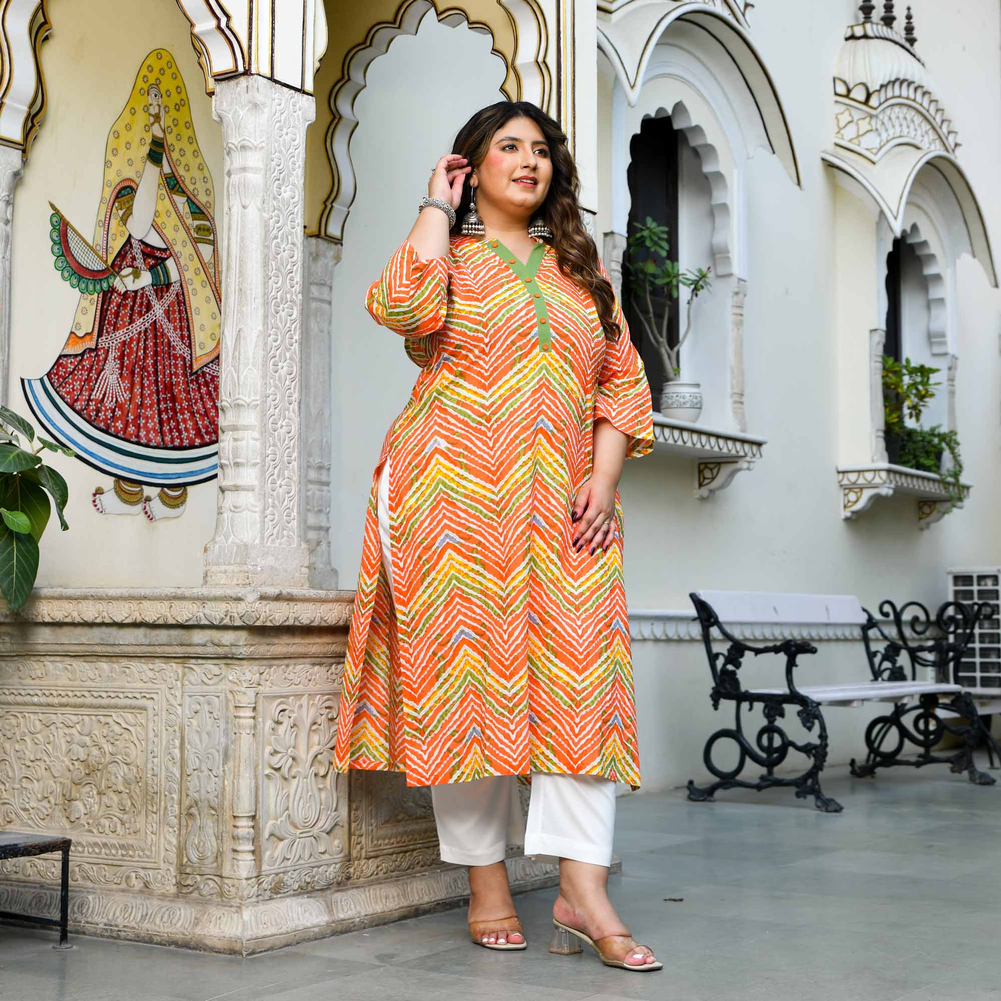 Moti- Orange & Yellow Leheriya Pure Cotton Kurta - Image 6