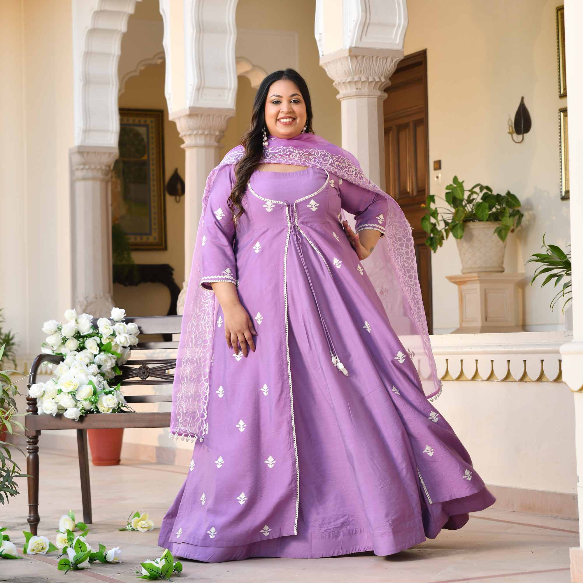 Mulberry- Periwinkle Thread Embroidered Mul Chanderi Anarkali Cape Set - Image 3