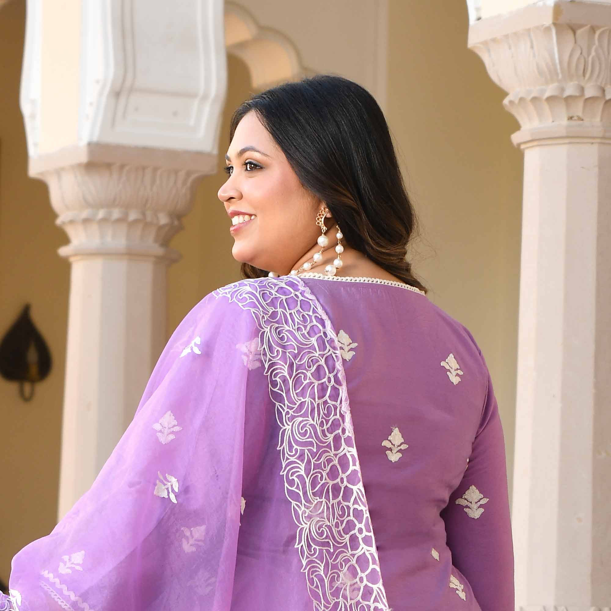 Mulberry- Periwinkle Thread Embroidered Mul Chanderi Anarkali Cape Set - Image 4