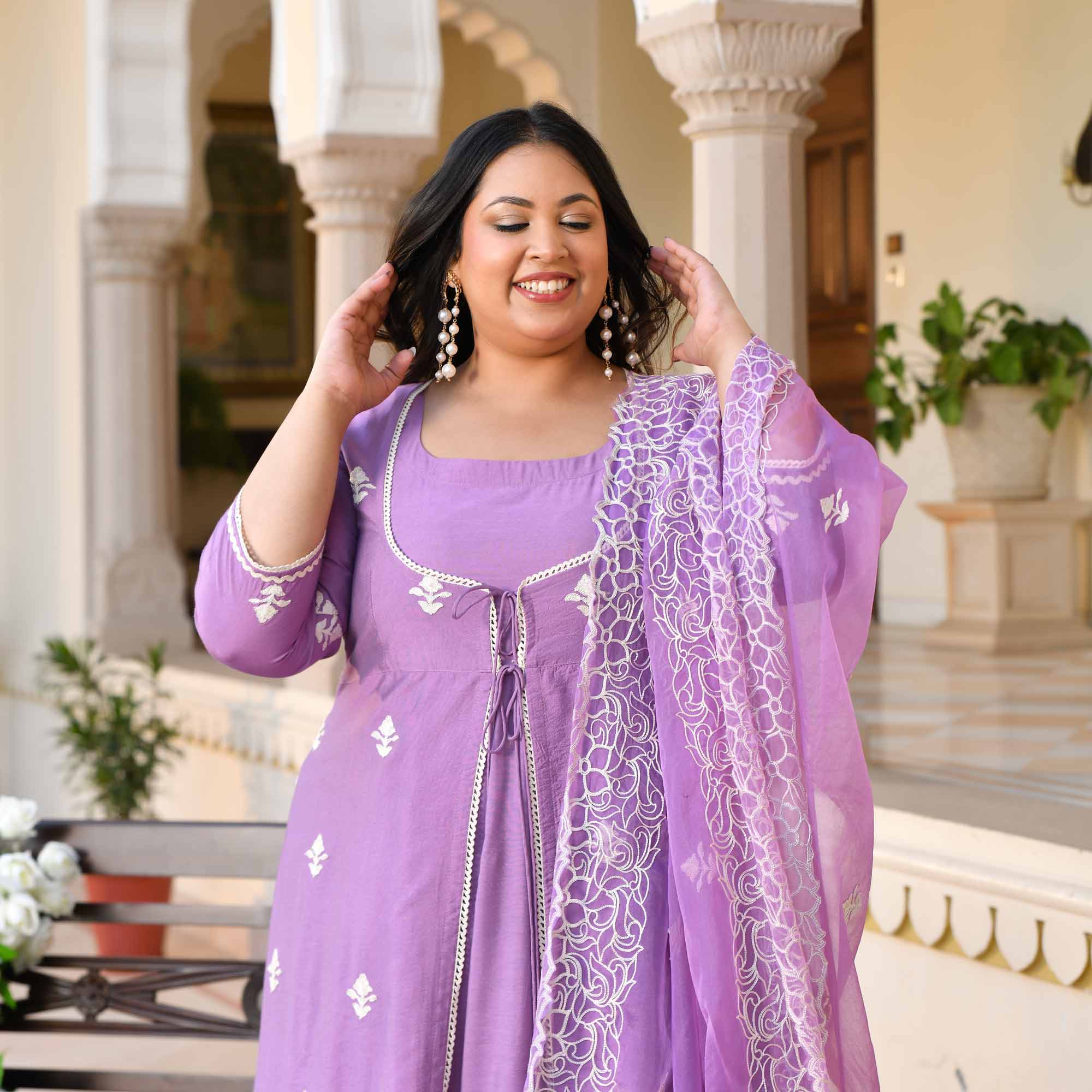 Mulberry- Periwinkle Thread Embroidered Mul Chanderi Anarkali Cape Set - Image 9