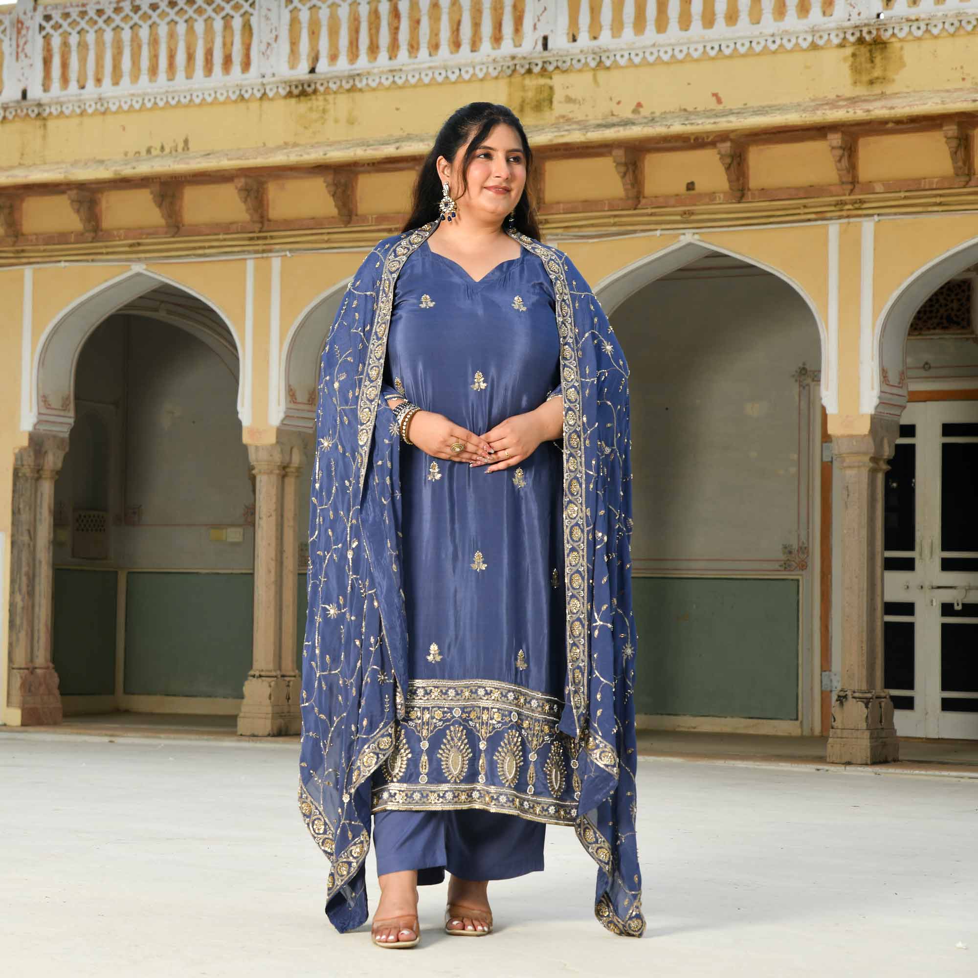 Nakashi- Steal Blue Pure Crepe Cutdana Embroidered Suit Set - Image 3
