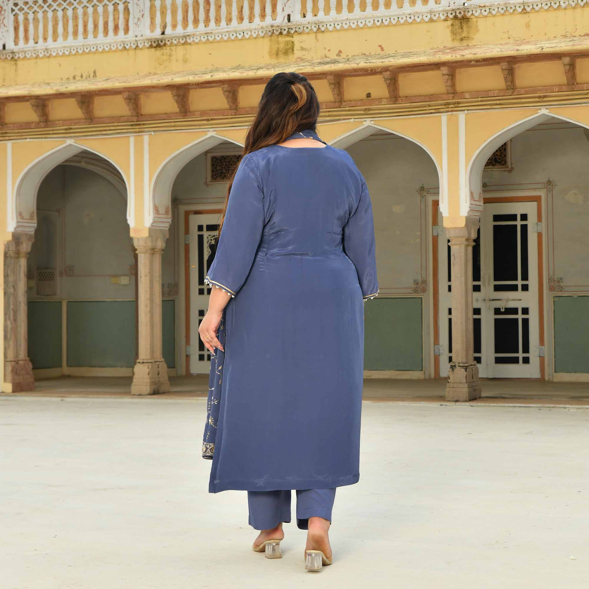 Nakashi- Steal Blue Pure Crepe Cutdana Embroidered Suit Set - Image 6