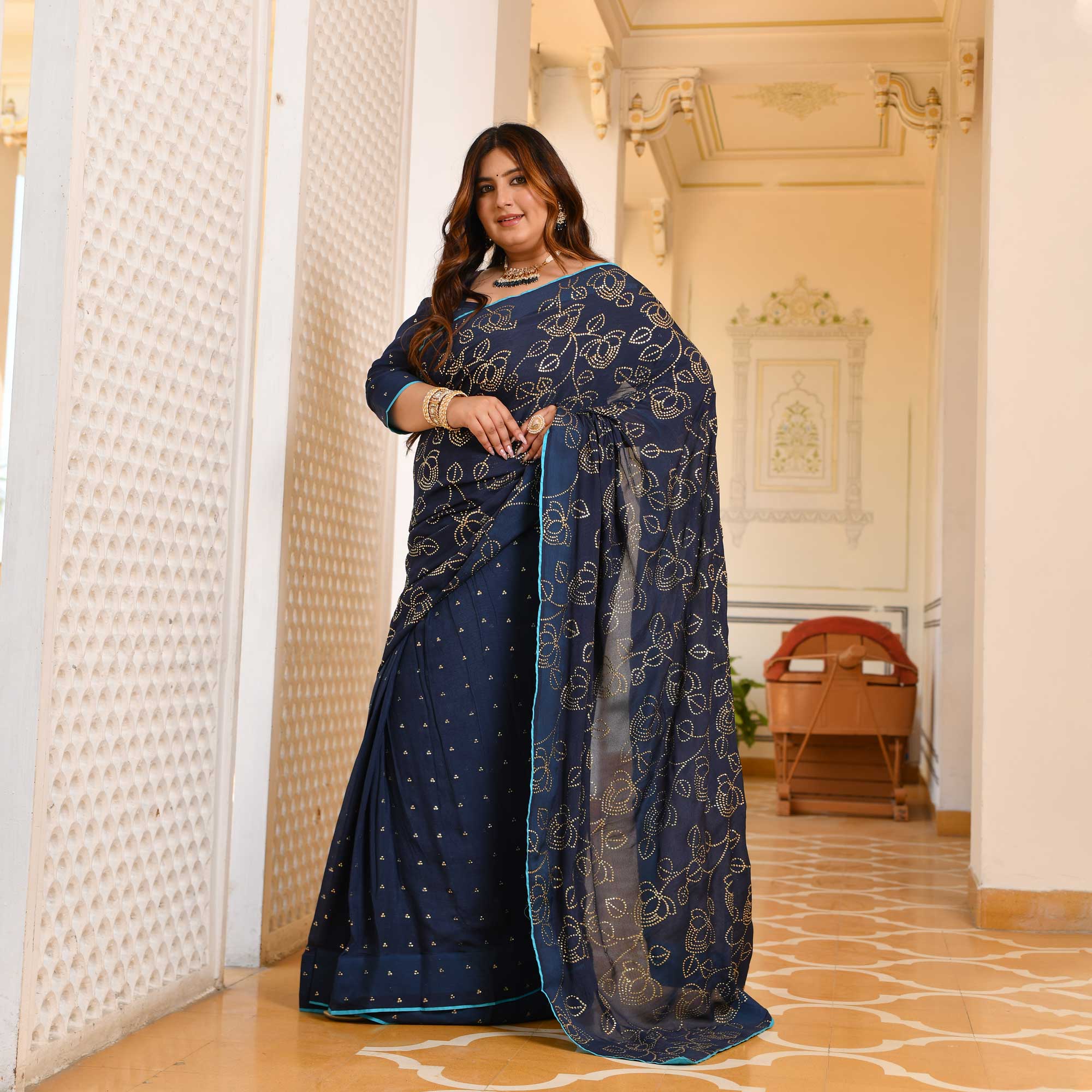 Neel Ratan- Navy Blue & Gold Embroidered Pre-drape Saree Set - Image 10