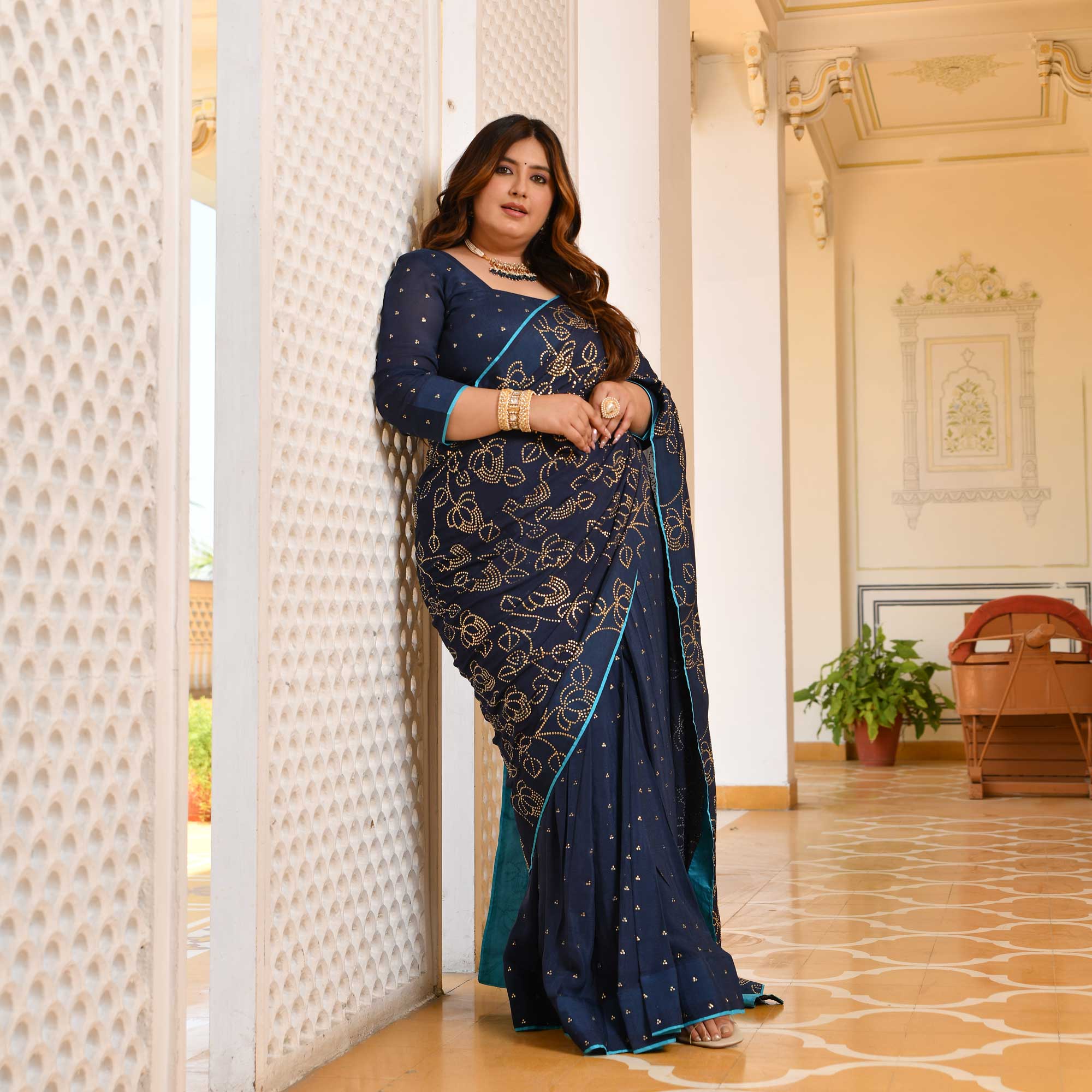 Neel Ratan- Navy Blue & Gold Embroidered Pre-drape Saree Set - Image 11