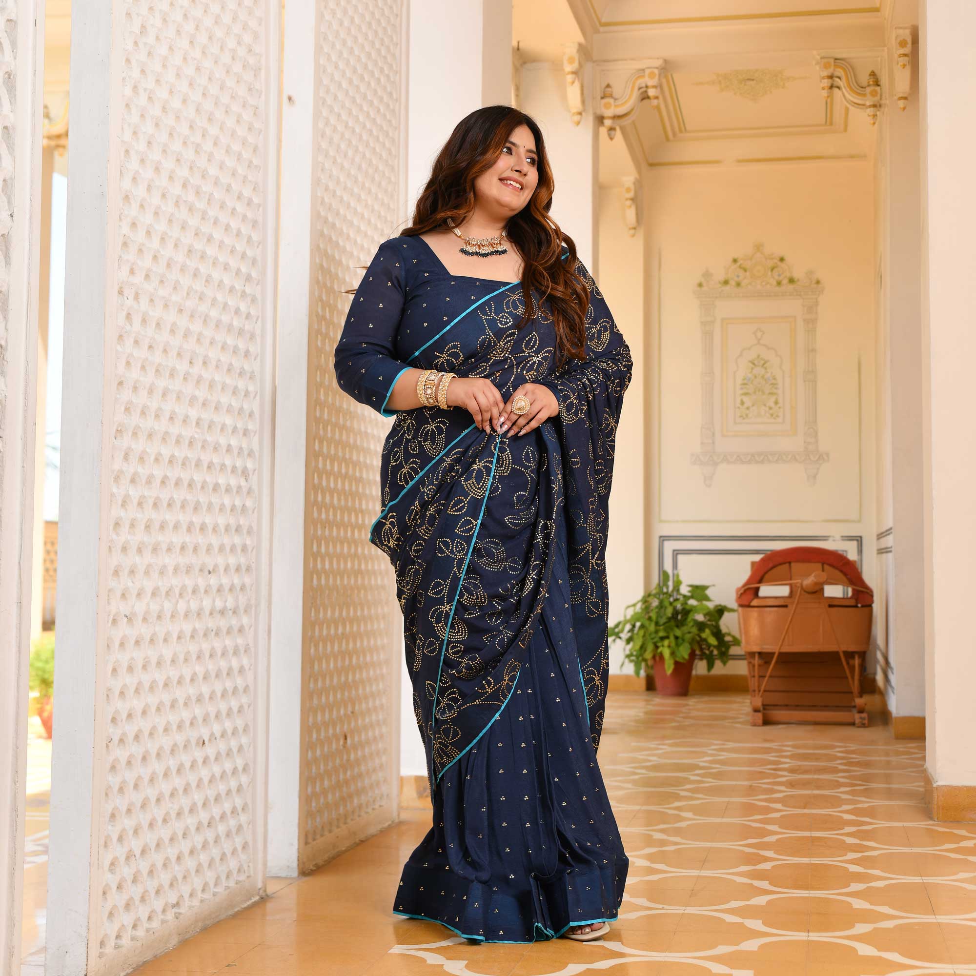 Neel Ratan- Navy Blue & Gold Embroidered Pre-drape Saree Set - Image 12