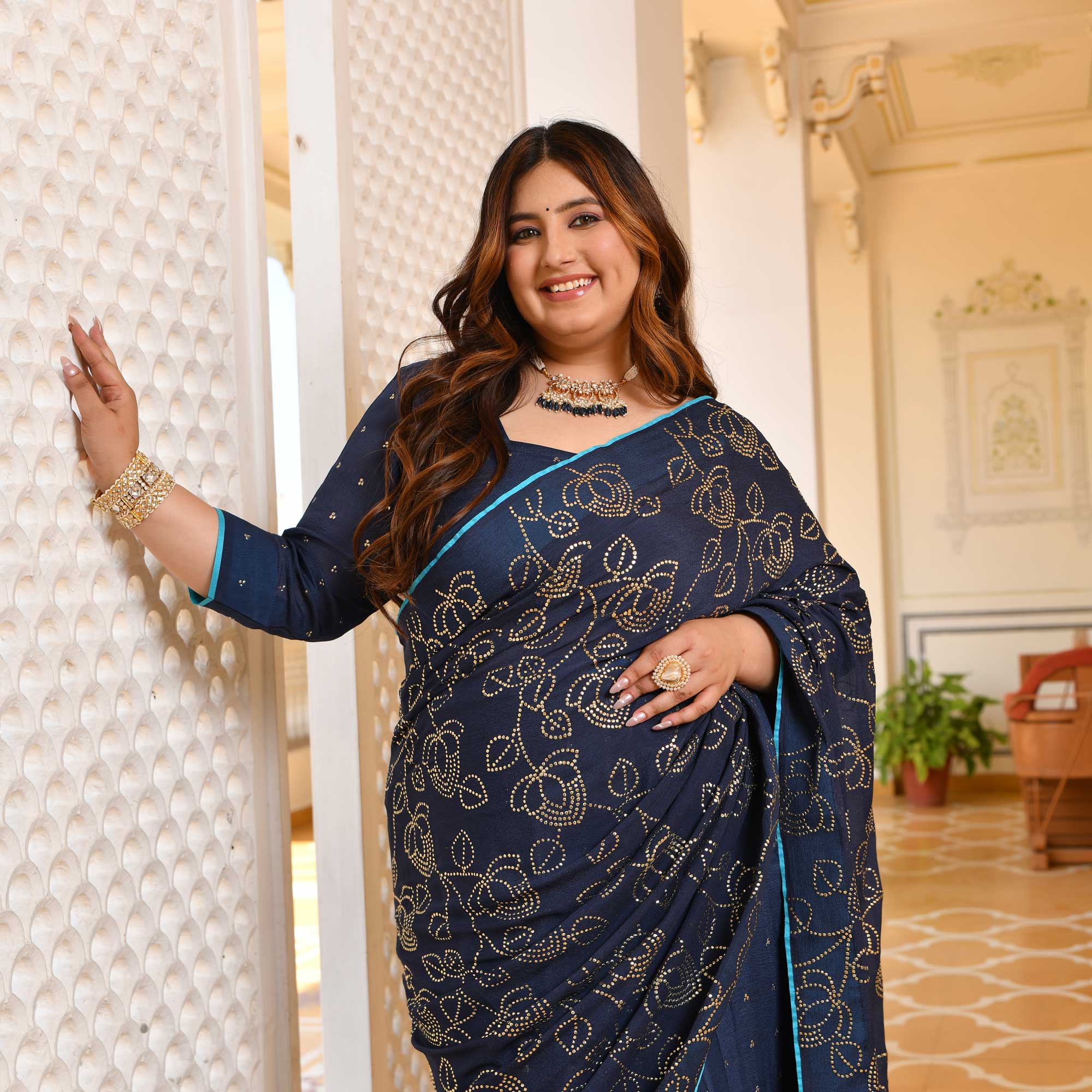 Neel Ratan- Navy Blue & Gold Embroidered Pre-drape Saree Set - Image 5
