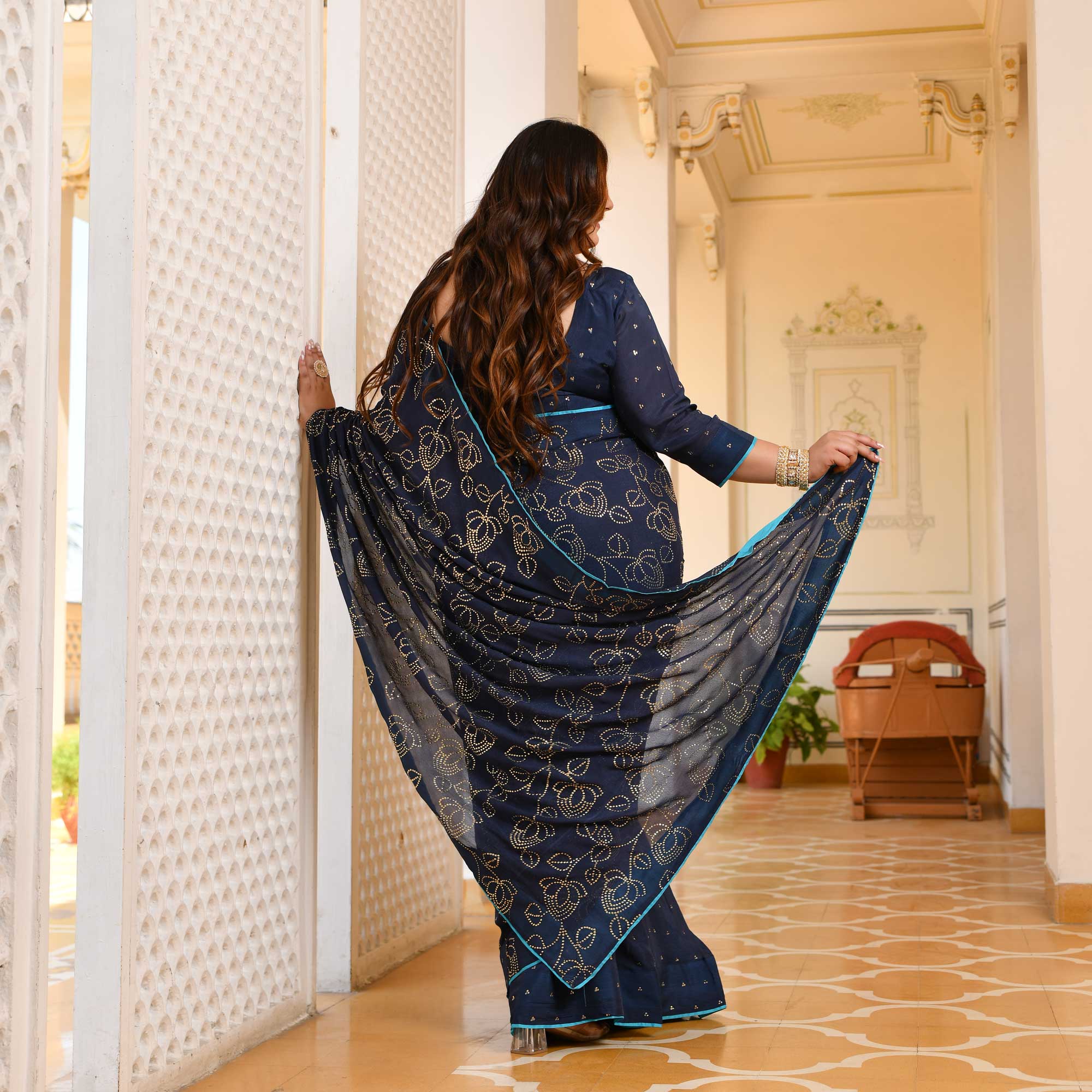 Neel Ratan- Navy Blue & Gold Embroidered Pre-drape Saree Set - Image 8