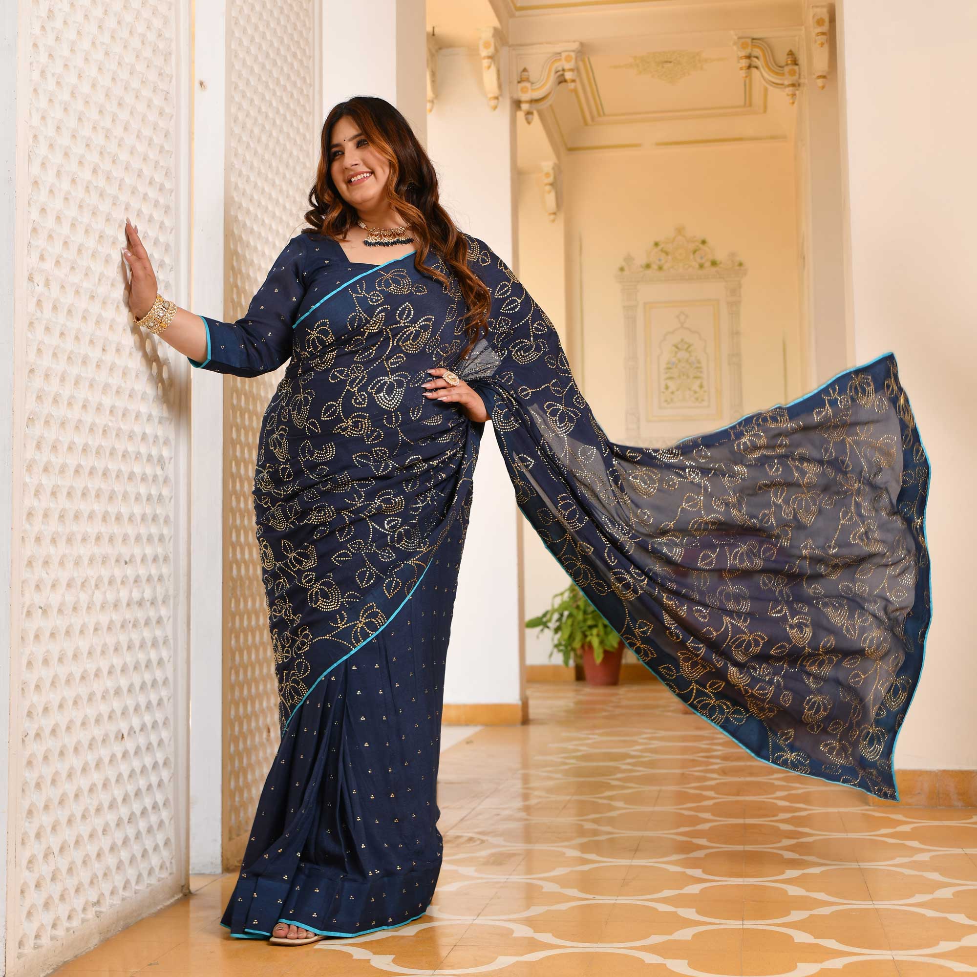 Neel Ratan- Navy Blue & Gold Embroidered Pre-drape Saree Set - Image 9
