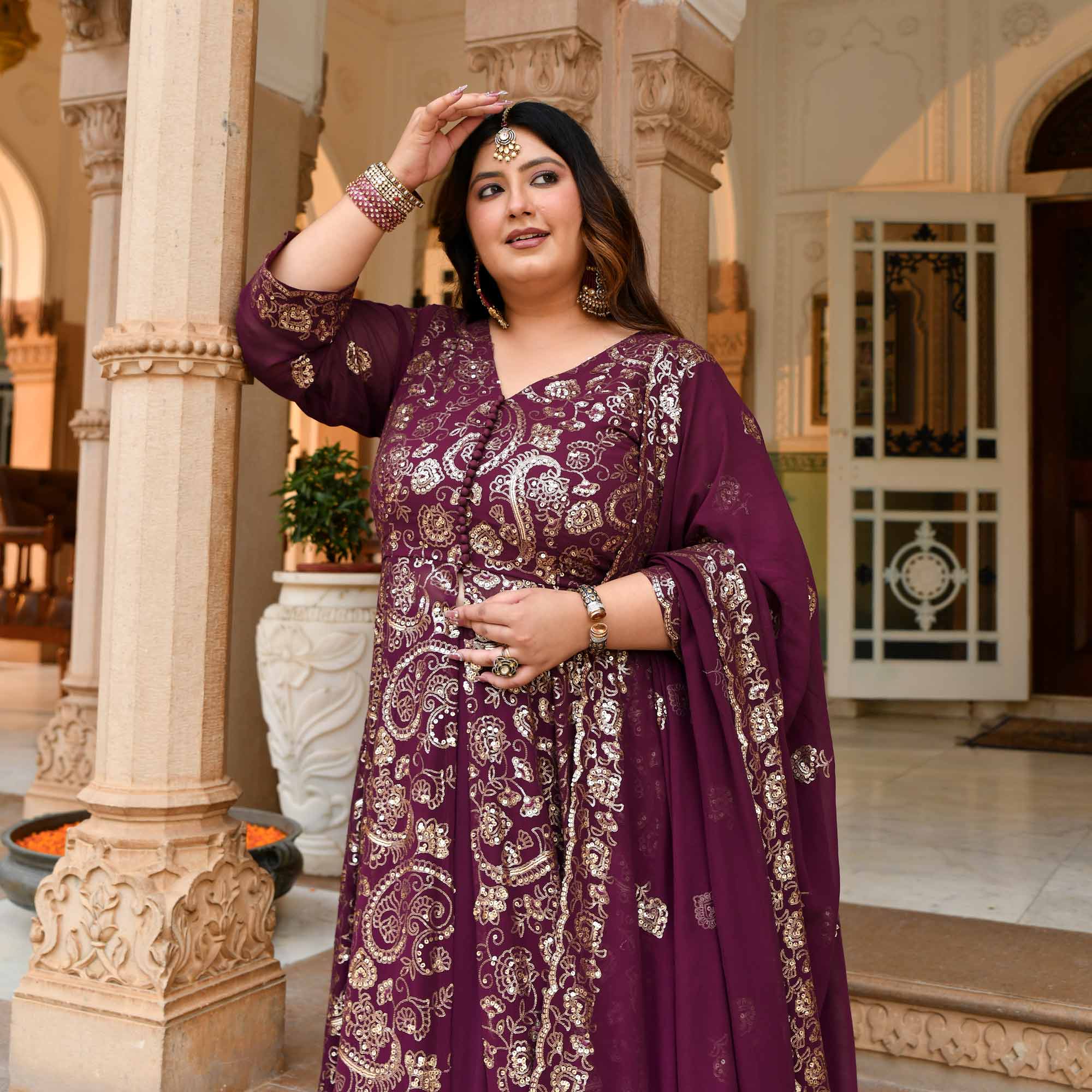 Noorani - Wine Georgette Sequin Embroidery Slit Anarkali Lehenga Set - Image 3