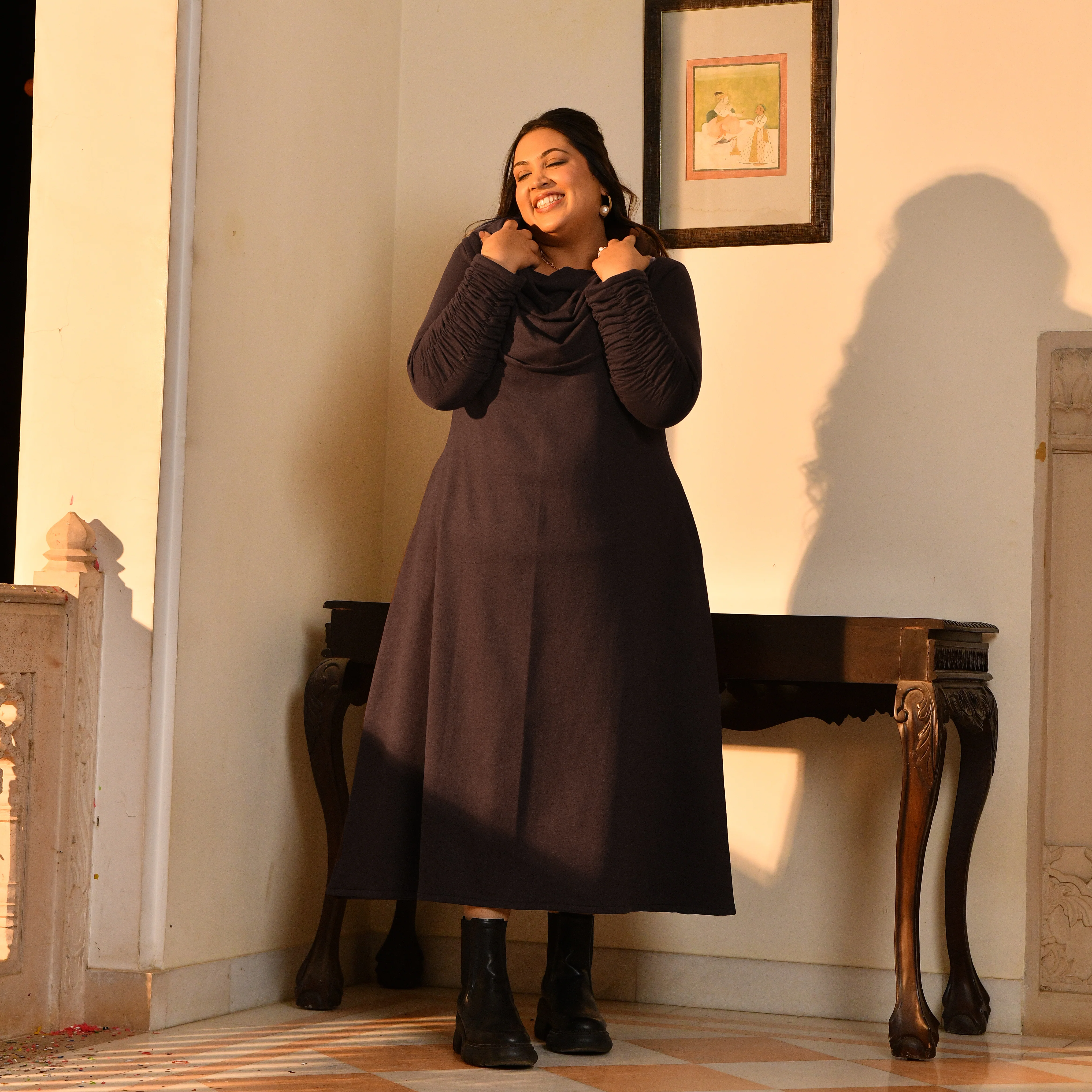 Nutella - Woollen Brown Fleece Brushed Aline Cowl Dress - Image 12