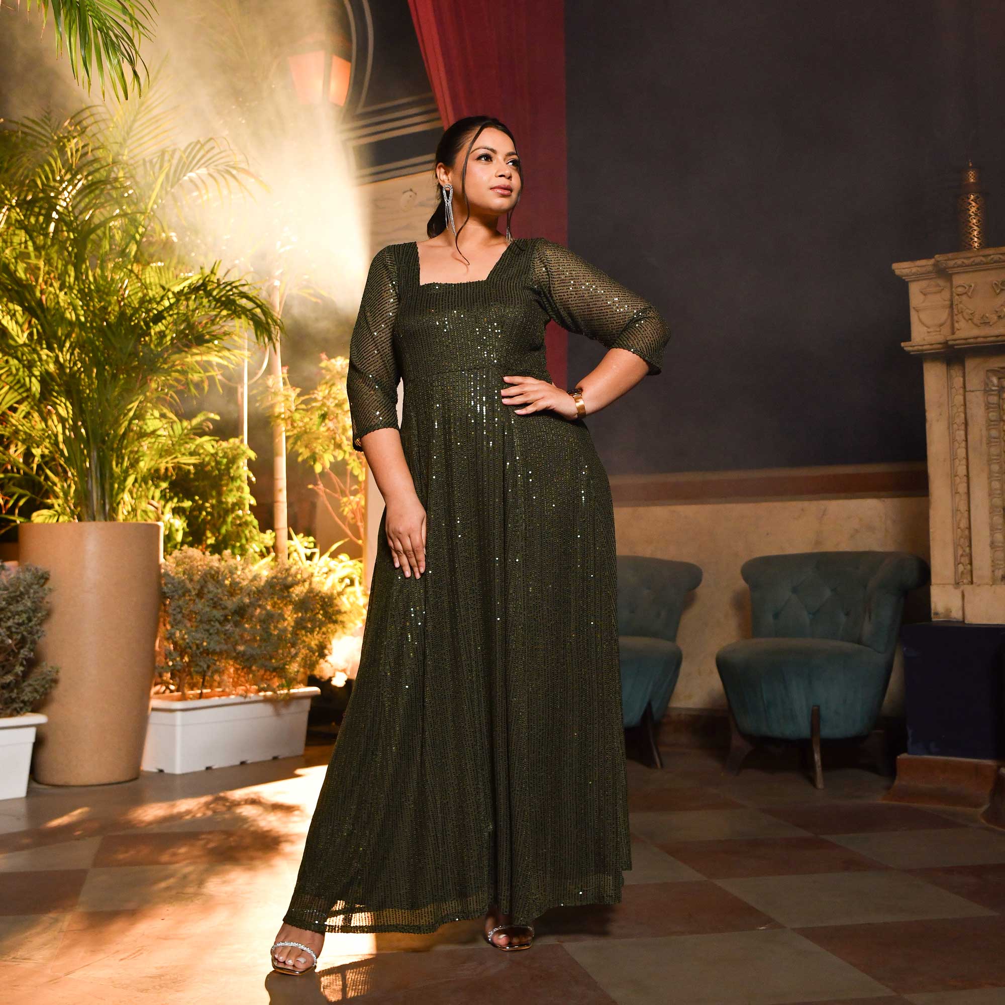 Olive Green Luxe Sequin Net Stretchable Dress - Image 3