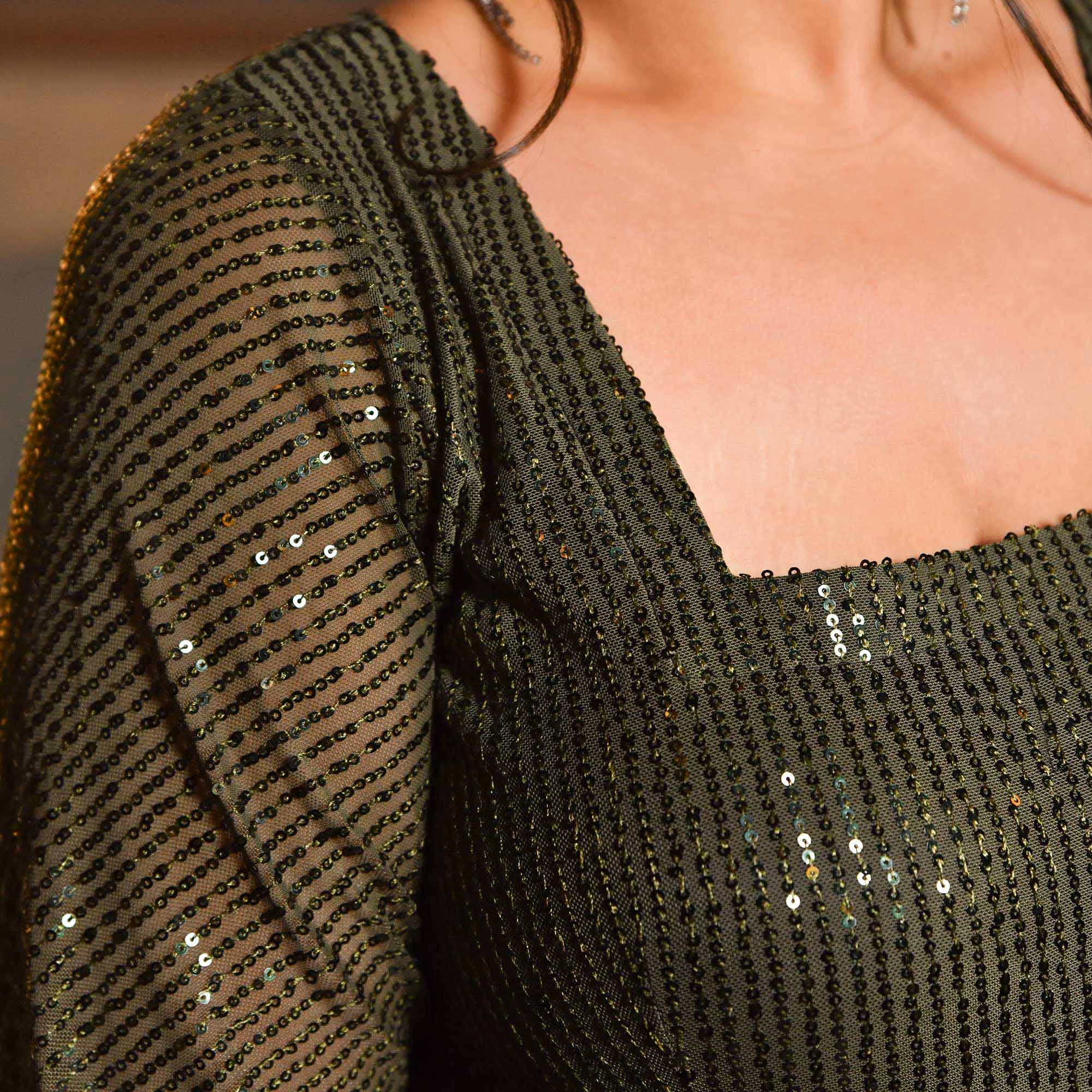 Olive Green Luxe Sequin Net Stretchable Dress - Image 4