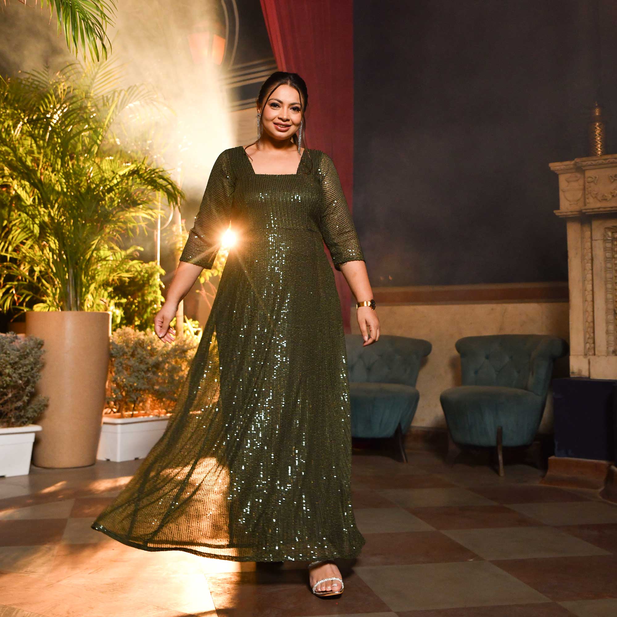 Olive Green Luxe Sequin Net Stretchable Dress - Image 5
