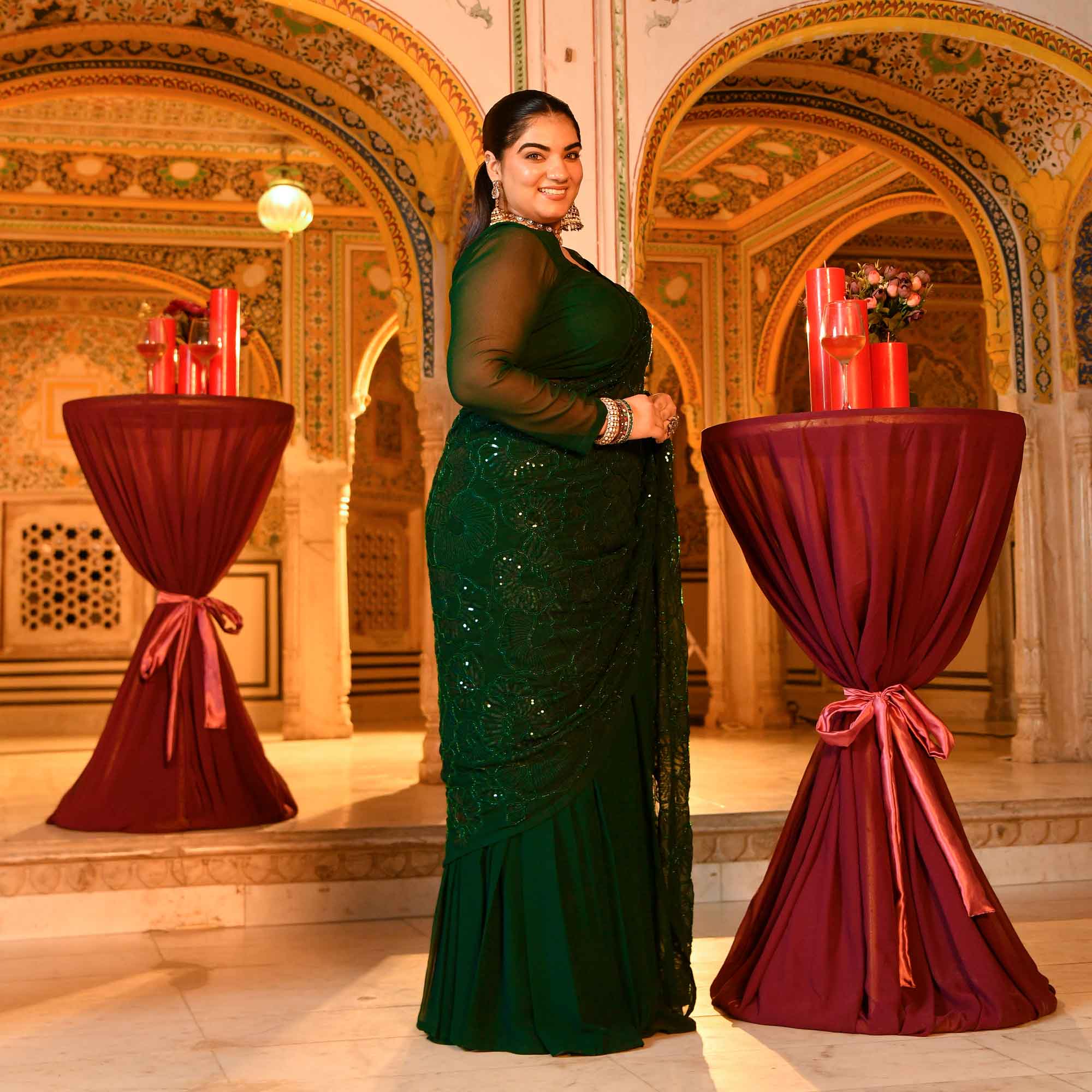 Olivia- Bottle Green Georgette Cutdana Embroidered Drape Saree Set - Image 10