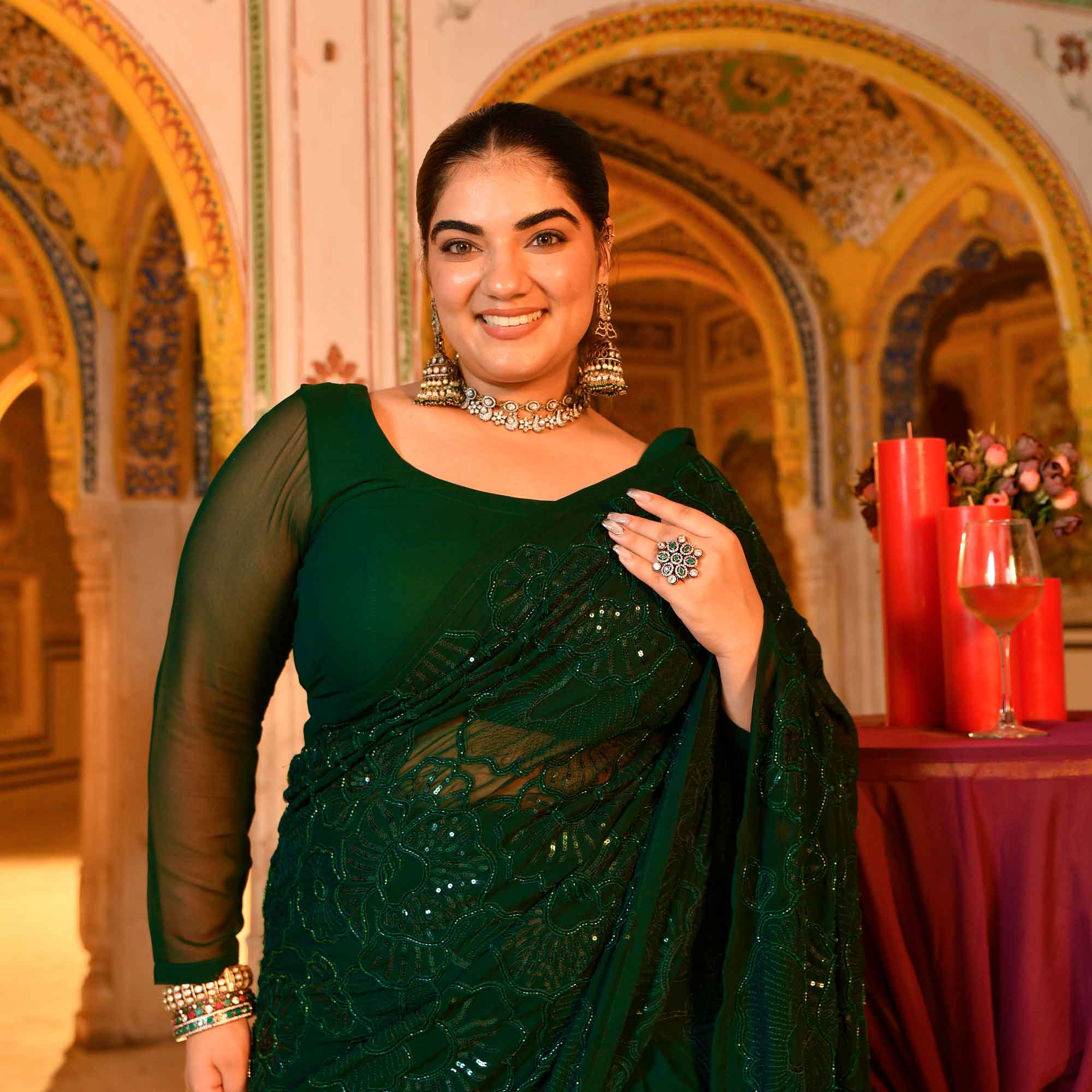 Olivia- Bottle Green Georgette Cutdana Embroidered Drape Saree Set - Image 3