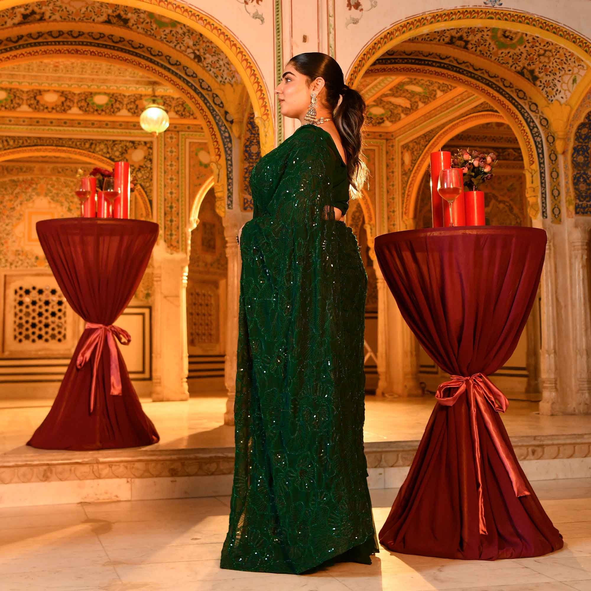 Olivia- Bottle Green Georgette Cutdana Embroidered Drape Saree Set - Image 4