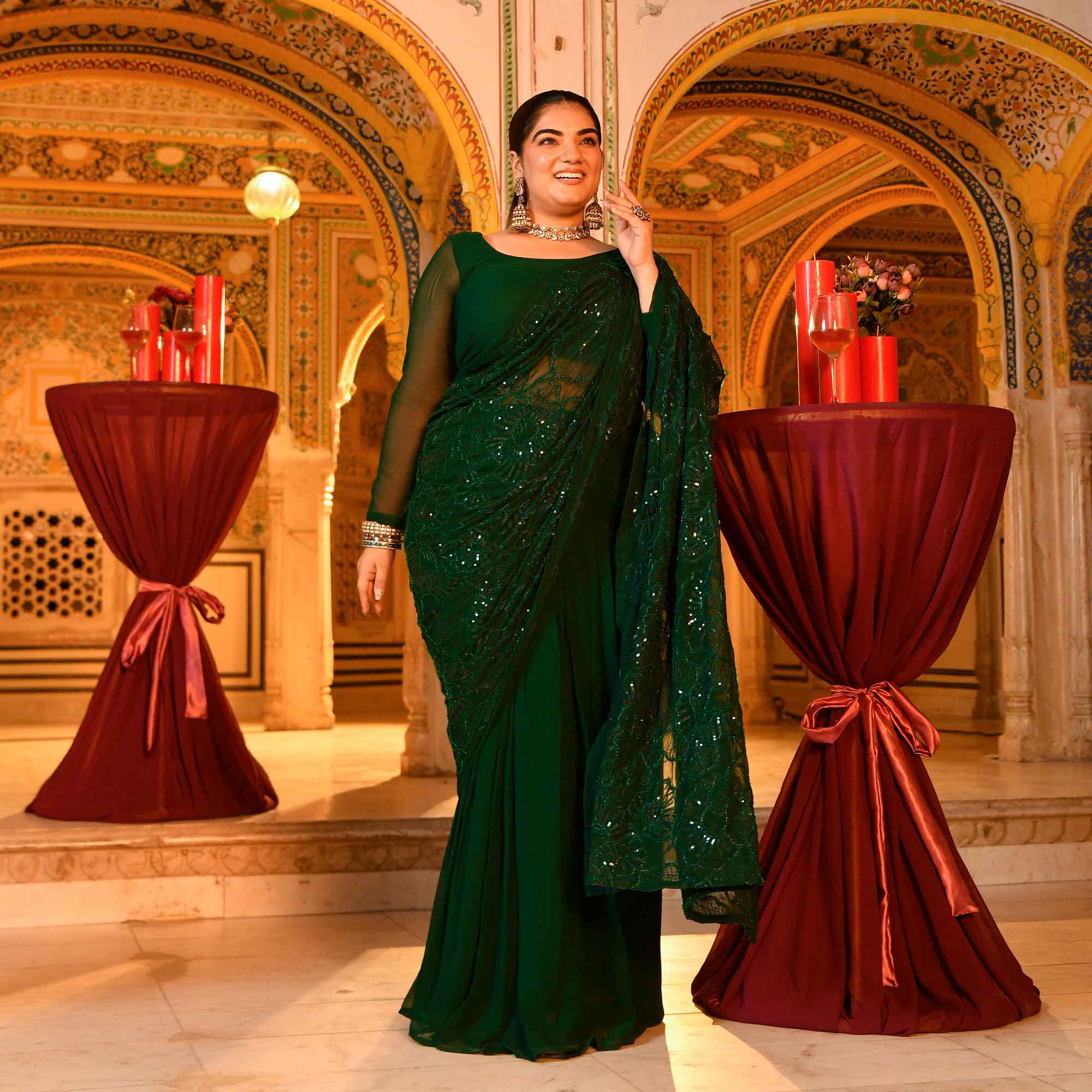 Olivia- Bottle Green Georgette Cutdana Embroidered Drape Saree Set - Image 5