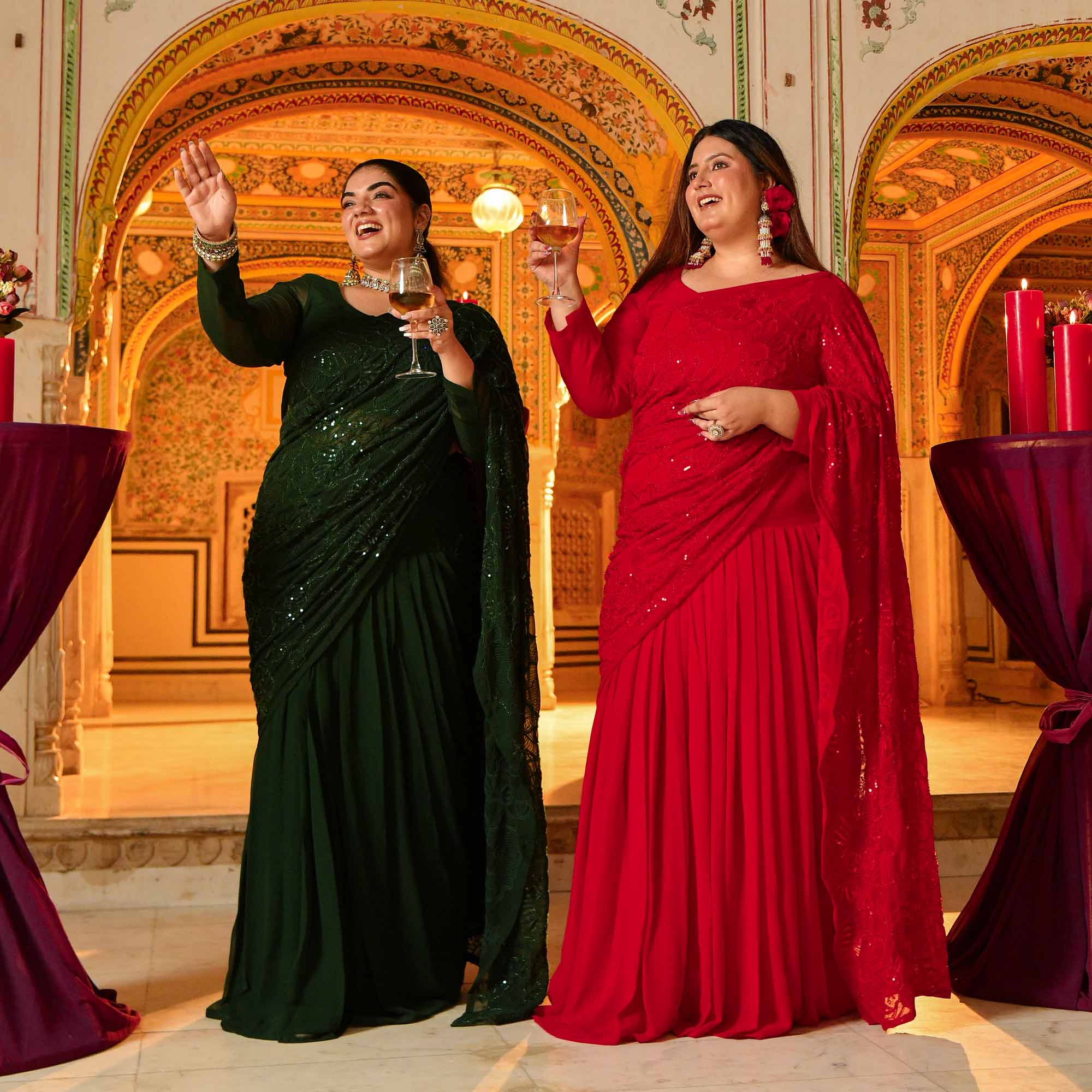 Olivia- Bottle Green Georgette Cutdana Embroidered Drape Saree Set - Image 6