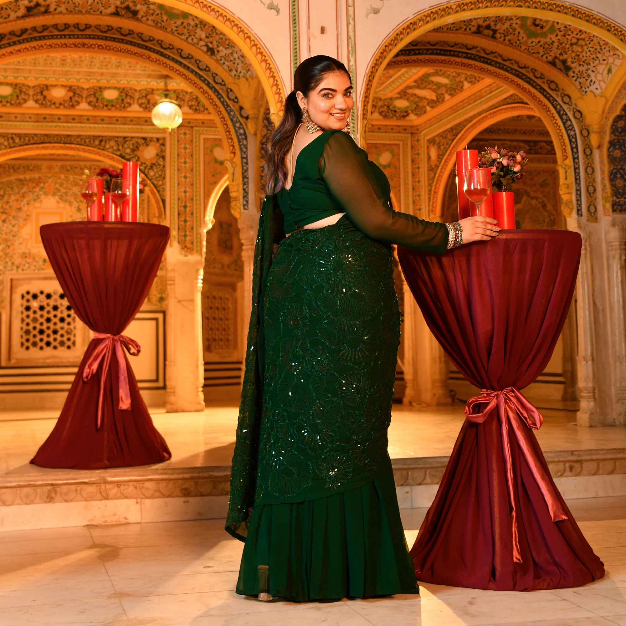 Olivia- Bottle Green Georgette Cutdana Embroidered Drape Saree Set - Image 7