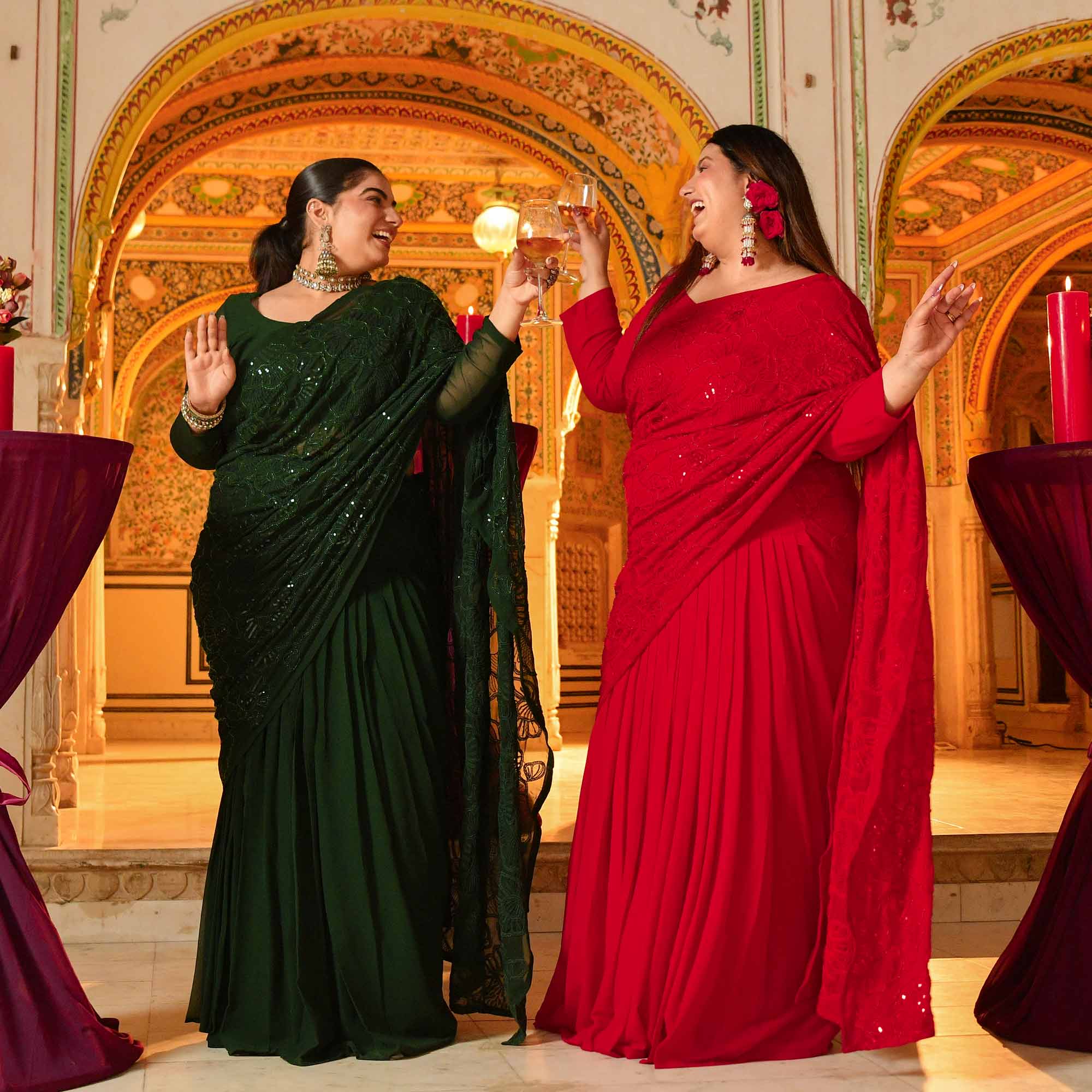Olivia- Bottle Green Georgette Cutdana Embroidered Drape Saree Set - Image 8
