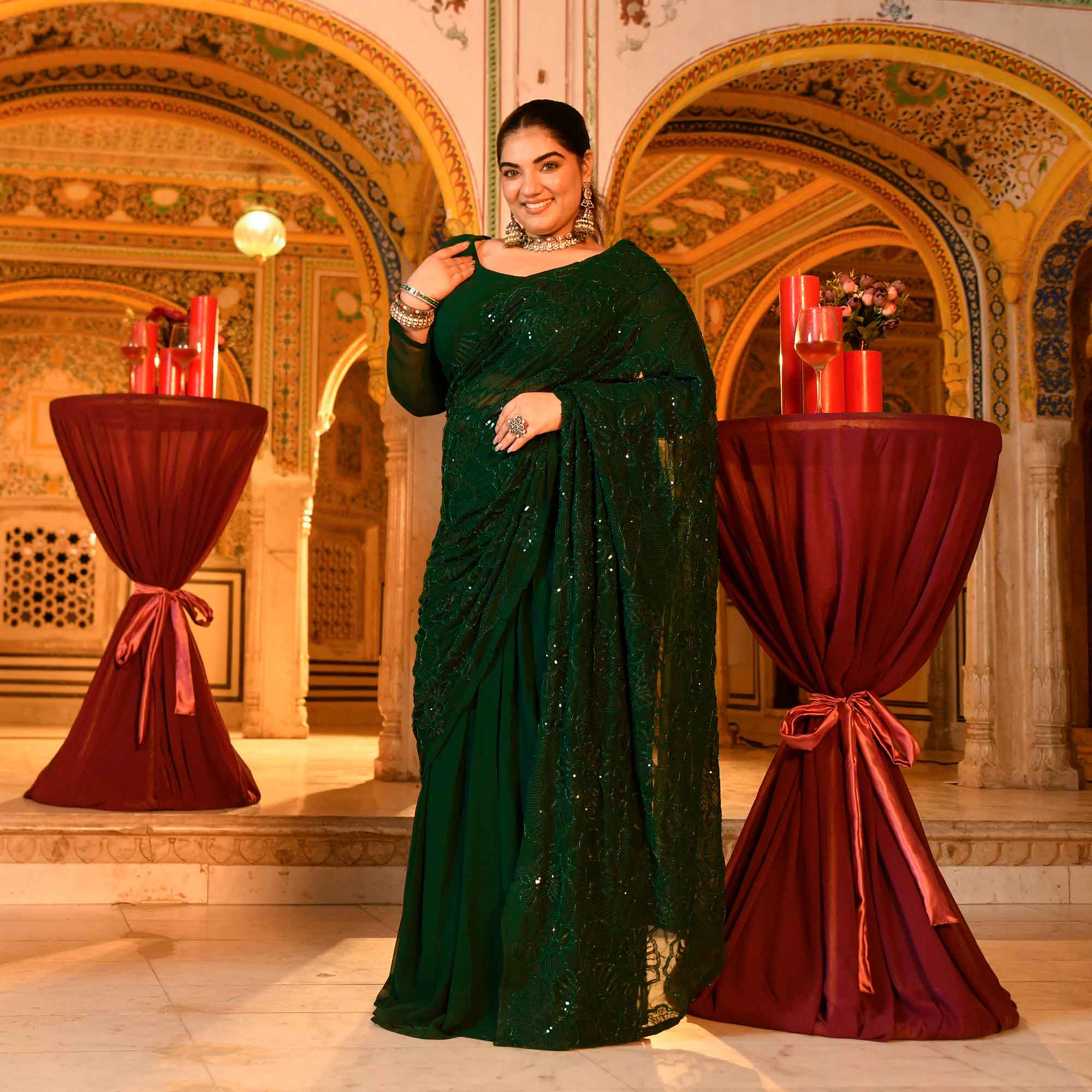 Olivia- Bottle Green Georgette Cutdana Embroidered Drape Saree Set - Image 9