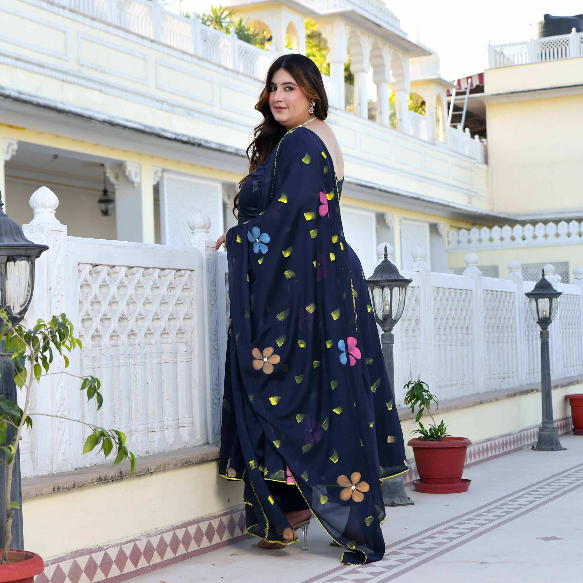Oxford Stroke- Deep Blue Hand Painted Anarkali Set - Image 6