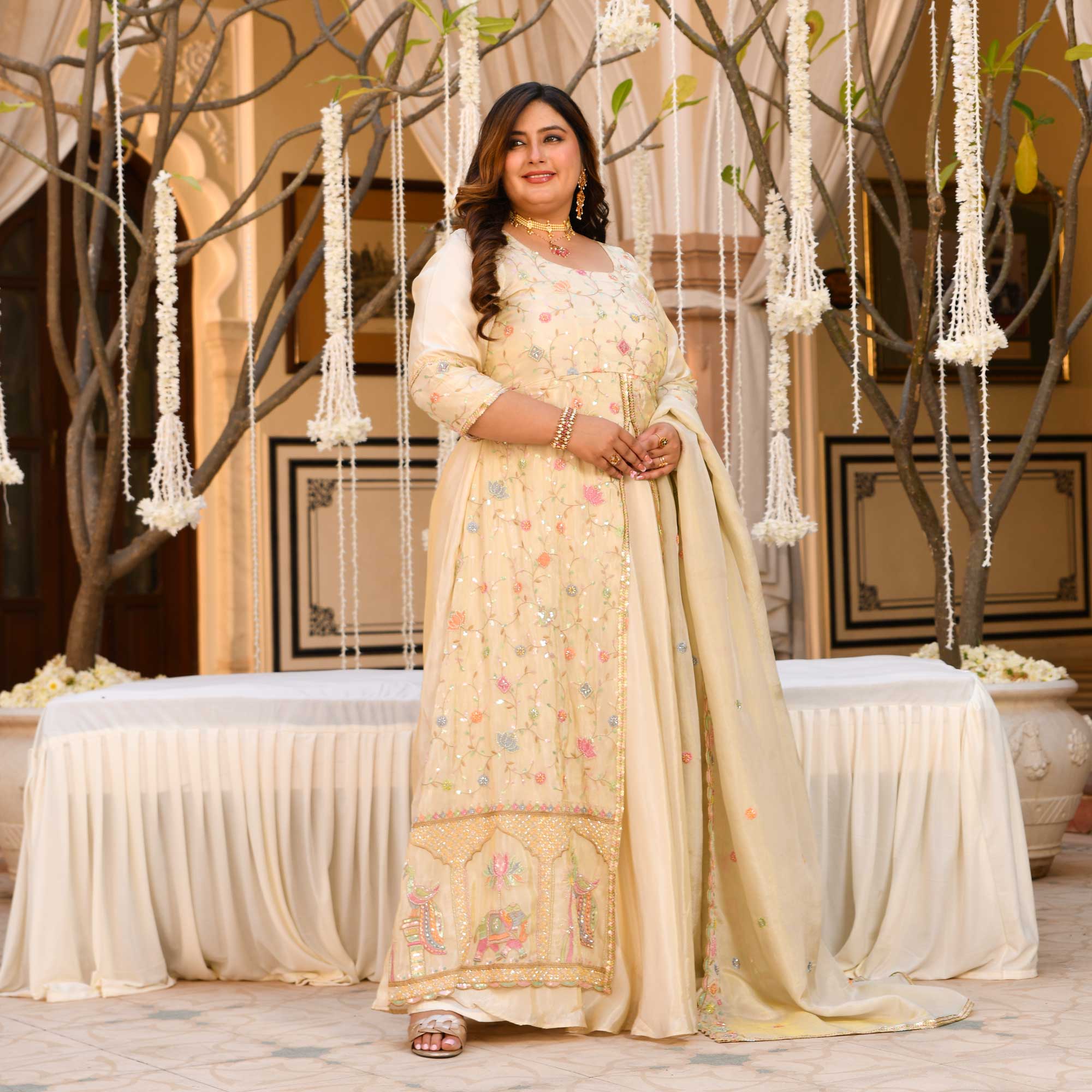 PAALKI - Ivory Cutdana Embroidered Pure Tissue Silk Anarkali - Image 12