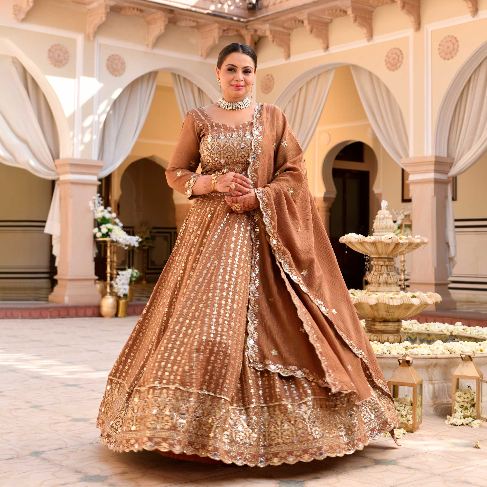 Paro- Ash Brown Crushed Sequin Embroidered Pure Tissue Silk Lehenga Set - Image 3