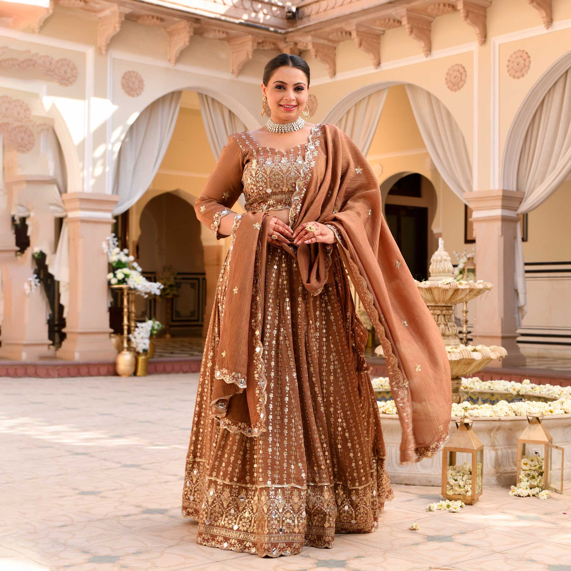 Paro- Ash Brown Crushed Sequin Embroidered Pure Tissue Silk Lehenga Set - Image 8