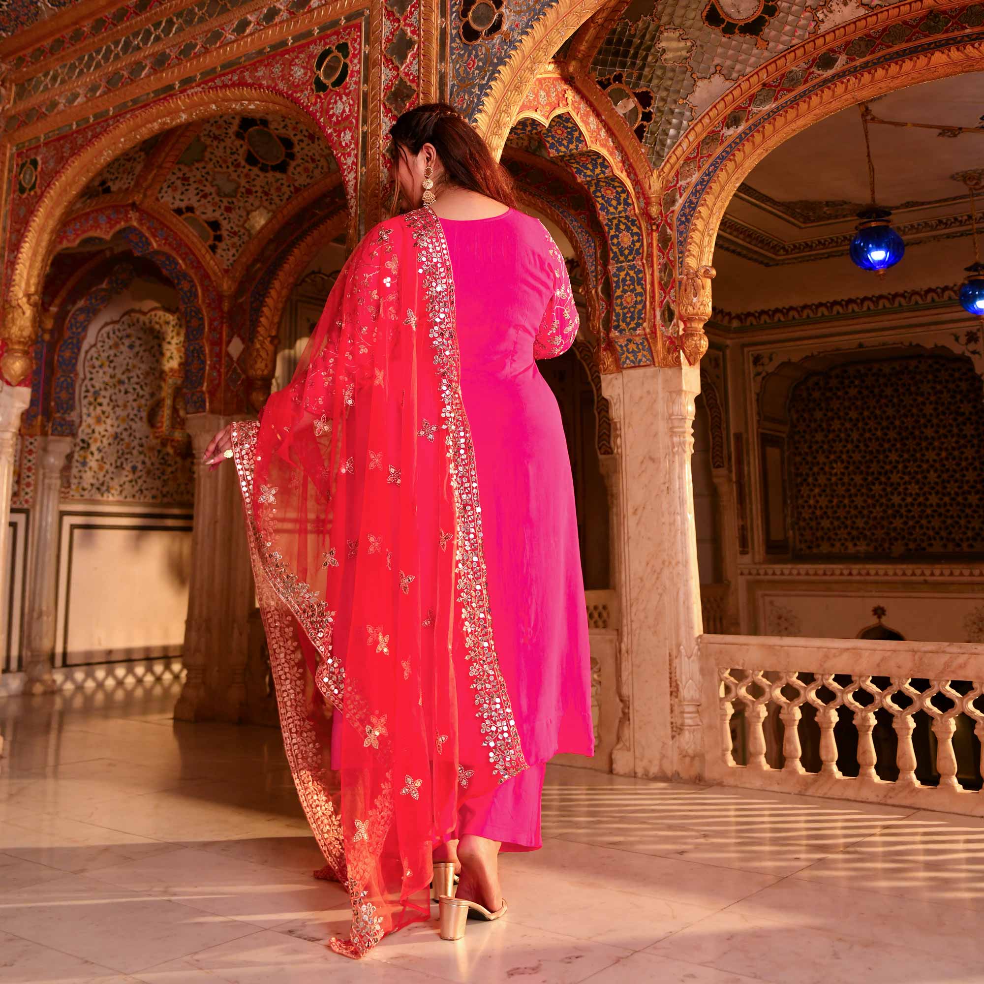 Pink Flame Mirror Embroidered Pure Georgette Suit Set - Image 10