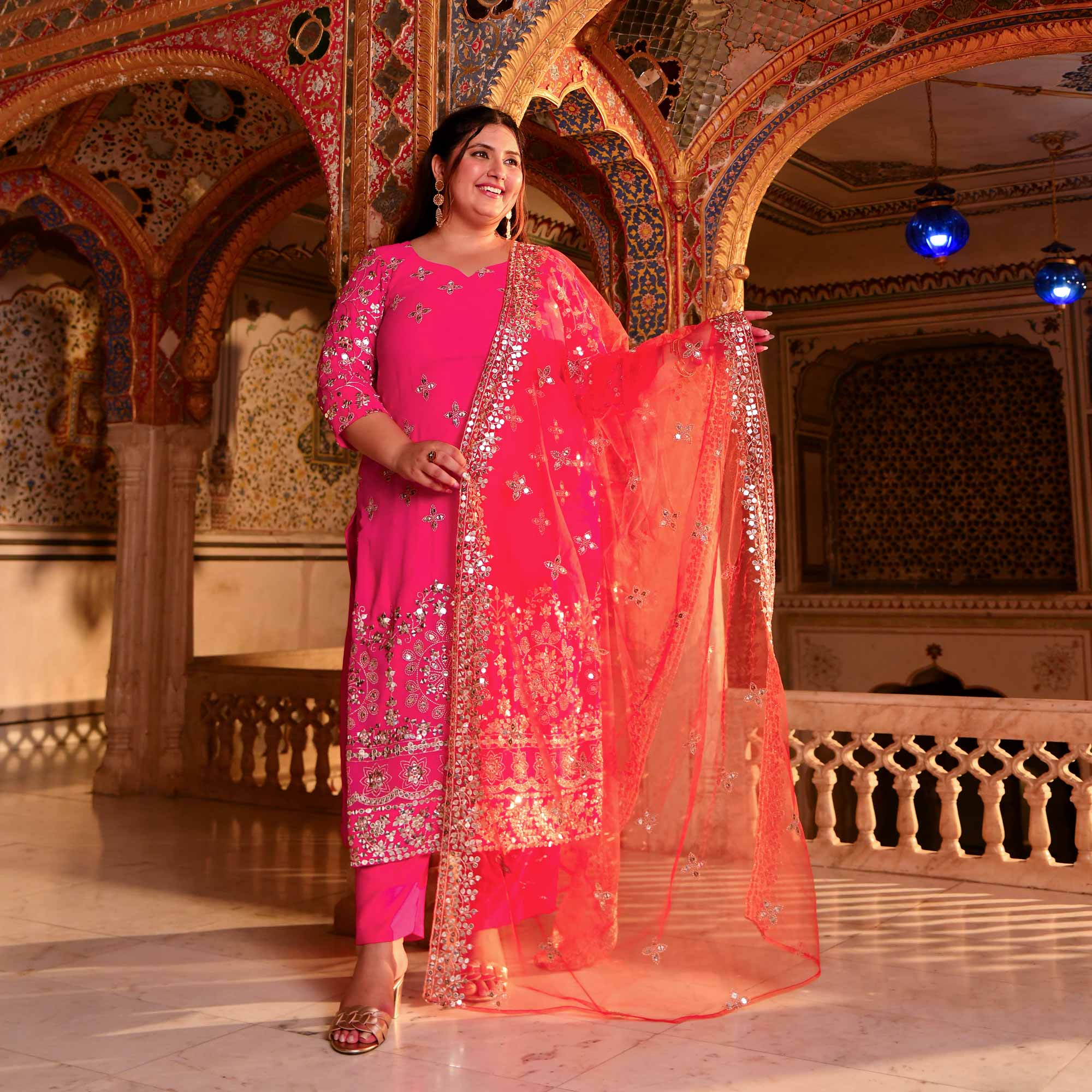 Pink Flame Mirror Embroidered Pure Georgette Suit Set - Image 12